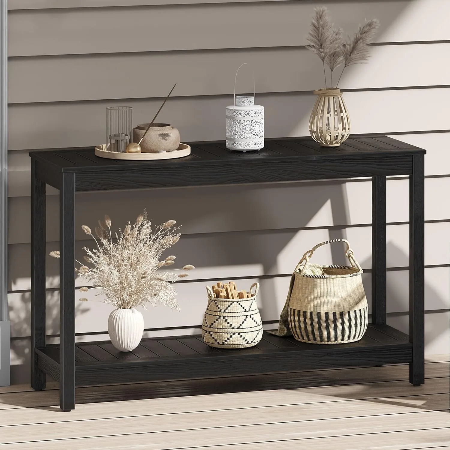 DWVO 48" Outdoor Bar Table Console Table, HIPS Material Indoor Outdoor Multifunctional Buffet Bar Storage Organizer with Adjustable Feet (Black)