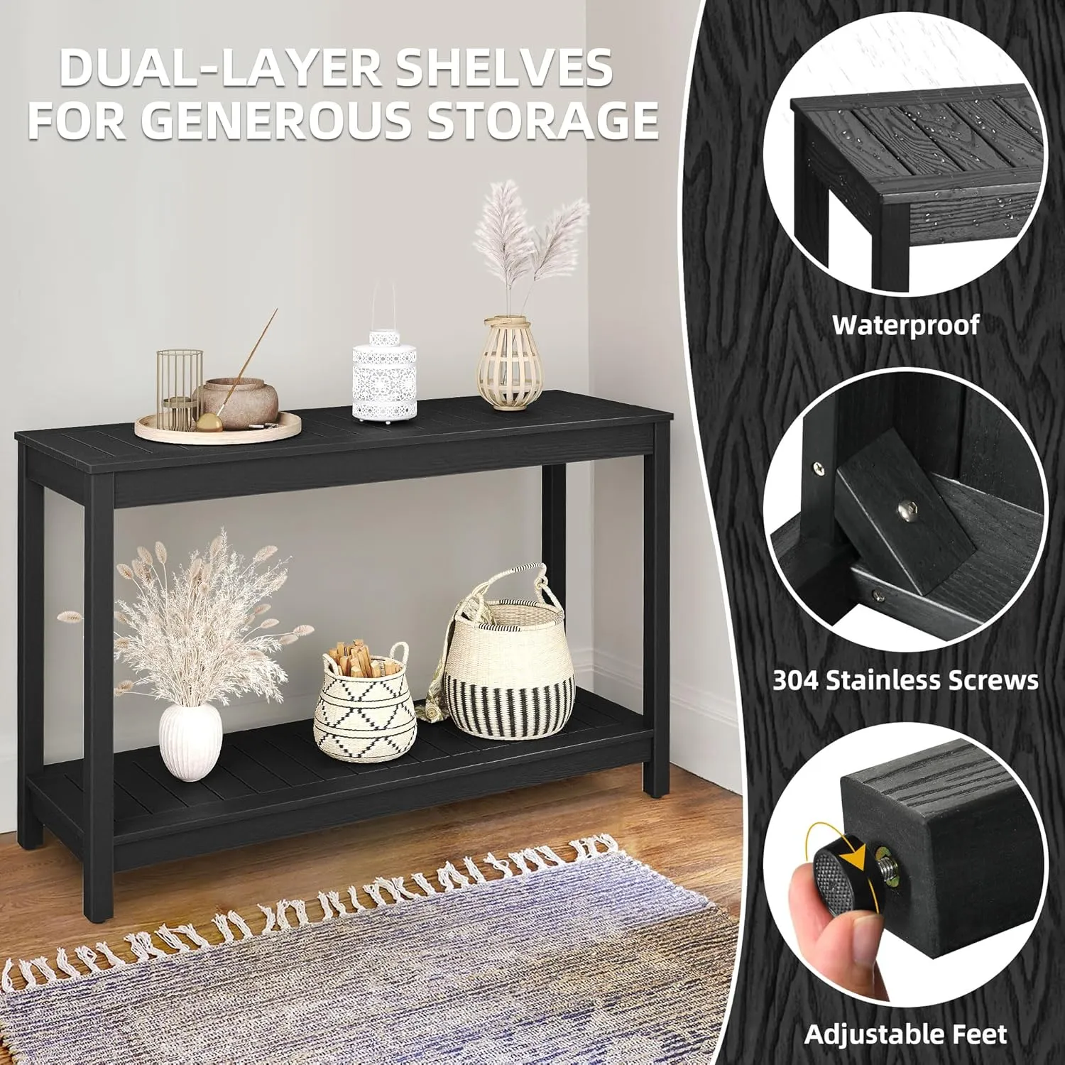 DWVO 48" Outdoor Bar Table Console Table, HIPS Material Indoor Outdoor Multifunctional Buffet Bar Storage Organizer with Adjustable Feet (Black)