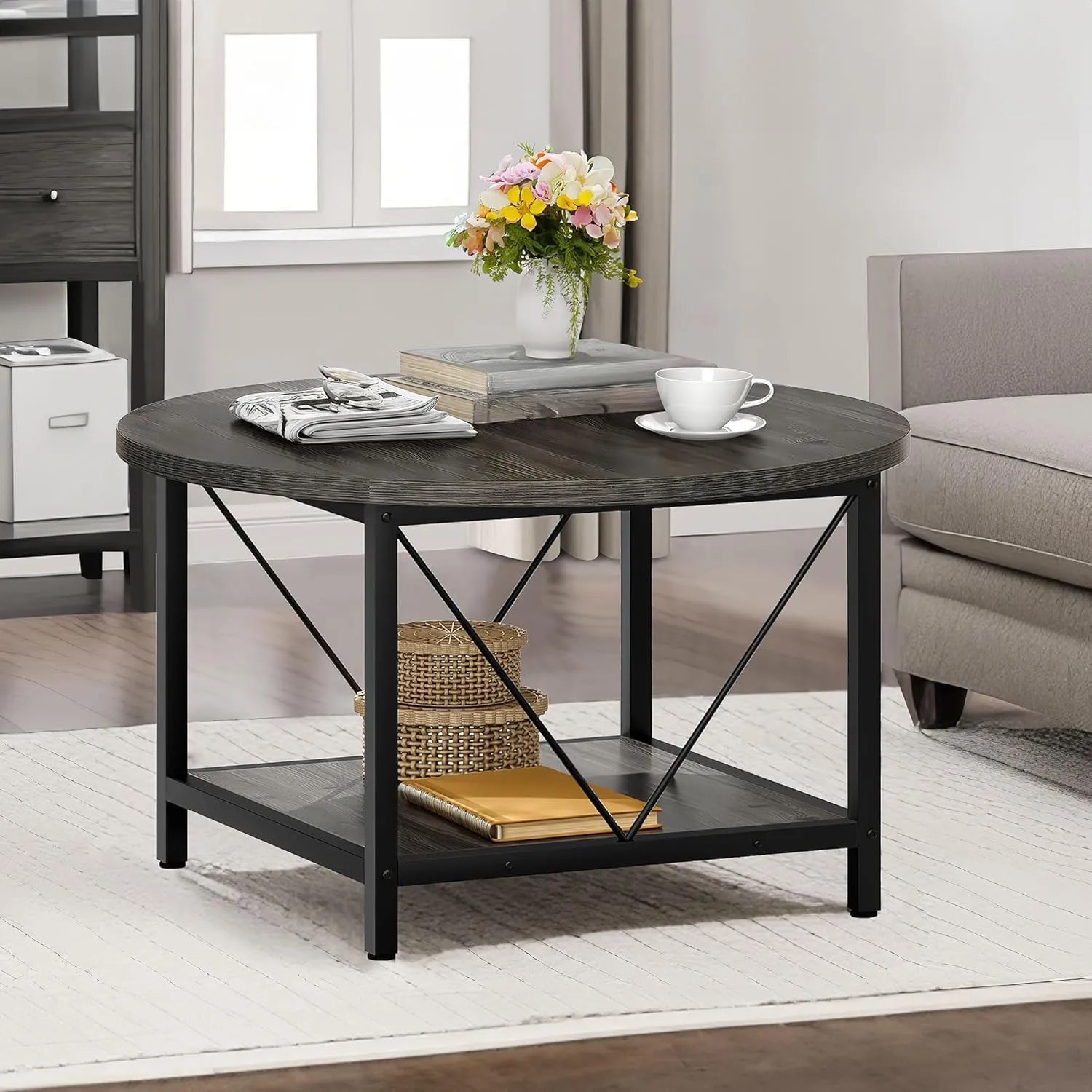 DWVO Round Coffee Table, Small Coffee Table for Living Room, 2 Tier Circle Table with Open Storage Shelf, Rustic Wood Coffee Table with Metal Frame, Easy Assembly, Grey