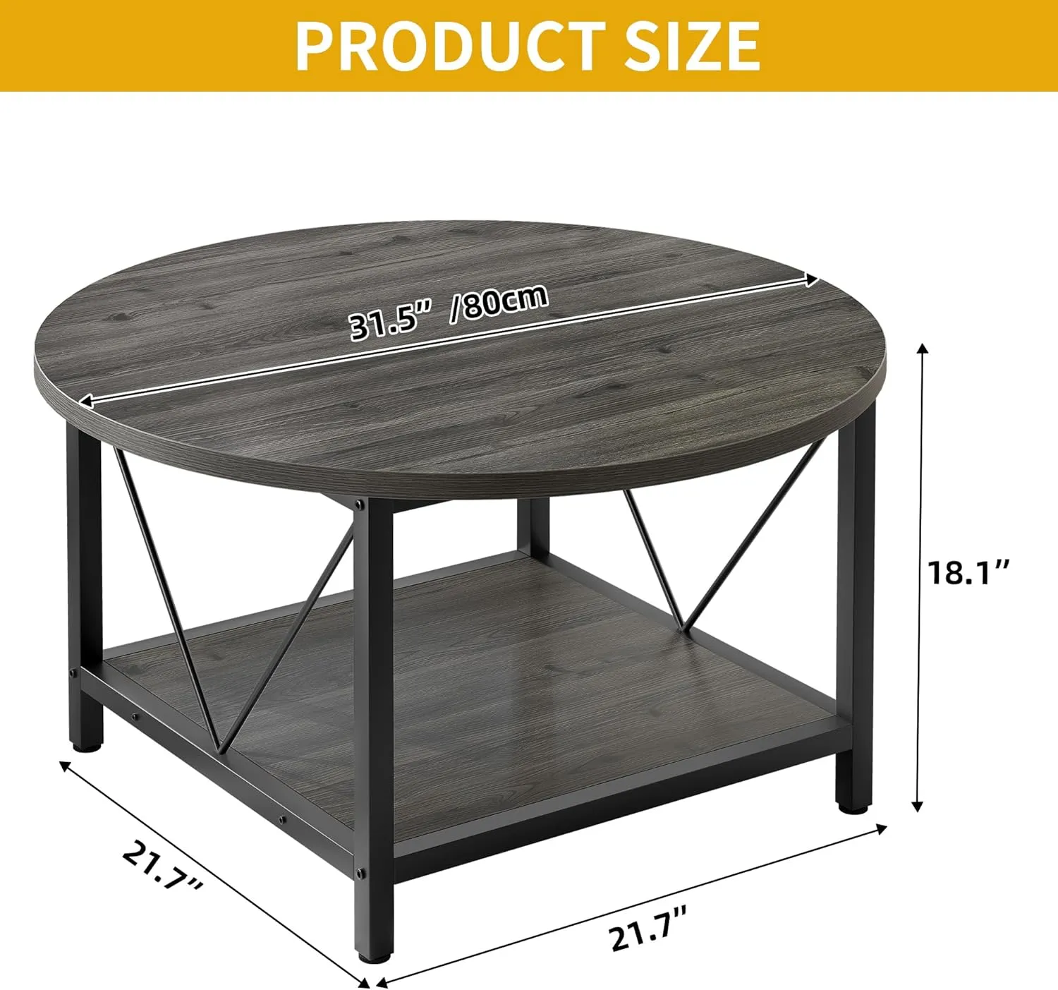 DWVO Round Coffee Table, Small Coffee Table for Living Room, 2 Tier Circle Table with Open Storage Shelf, Rustic Wood Coffee Table with Metal Frame, Easy Assembly, Grey