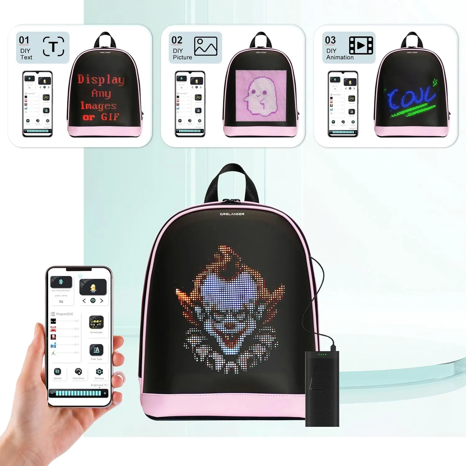 Dynamic Backpack, Smart LED Backpack Mini Fashion Shoulder Bag Programmable Daily Use Cycling Travel Daypack App Control (pink)