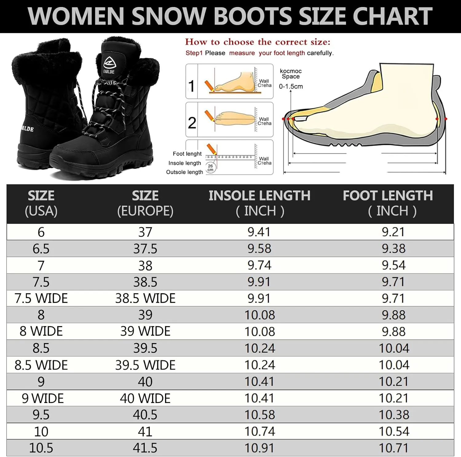 EARLDE Women’s Snow Boot With Waterproof Lace Up Mid-Calf Outdoor Winter Deep Tread Rubber Sole