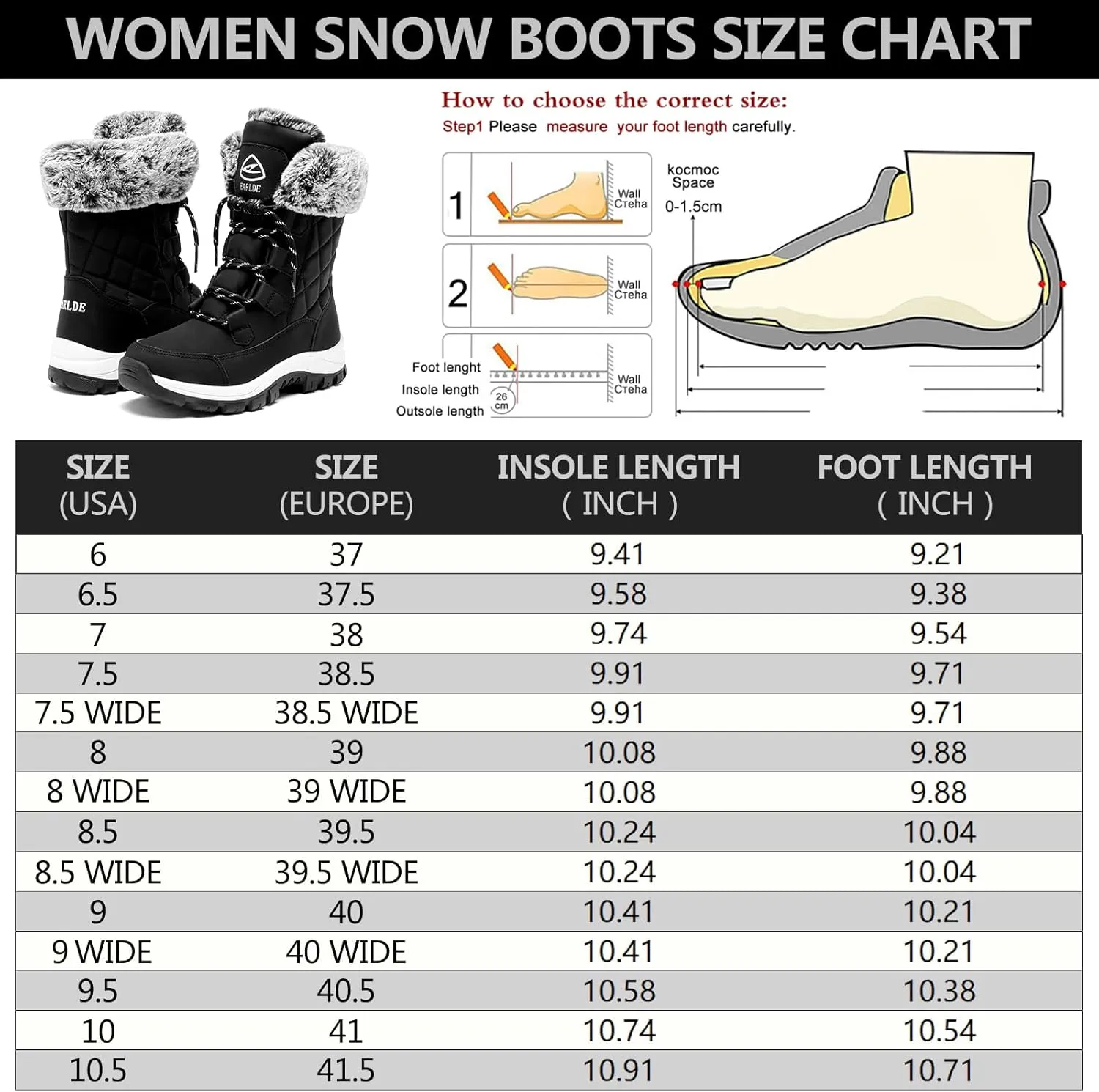 EARLDE Women’s Snow Boot With Waterproof Lace Up Mid-Calf Outdoor Winter Deep Tread Rubber Sole