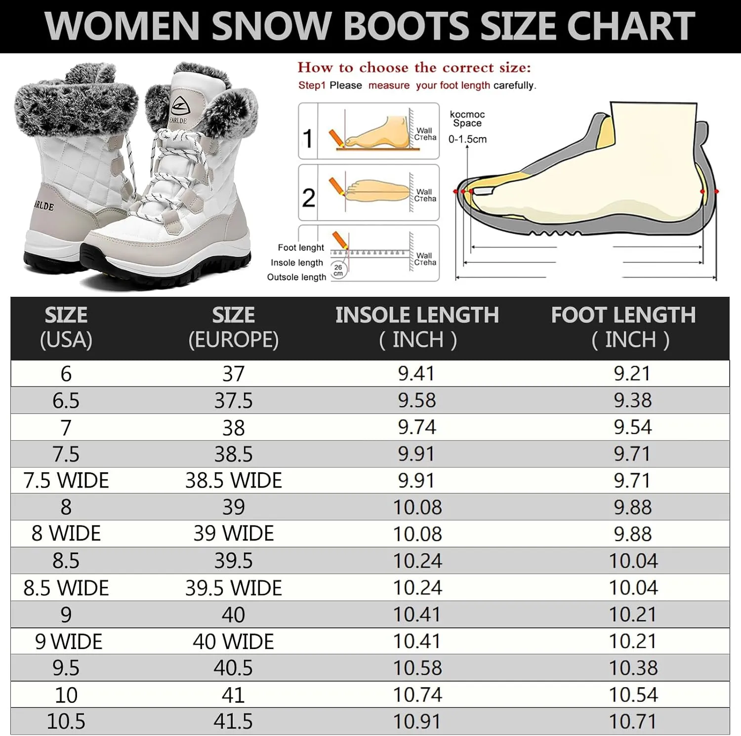 EARLDE Women’s Snow Boot With Waterproof Lace Up Mid-Calf Outdoor Winter Deep Tread Rubber Sole