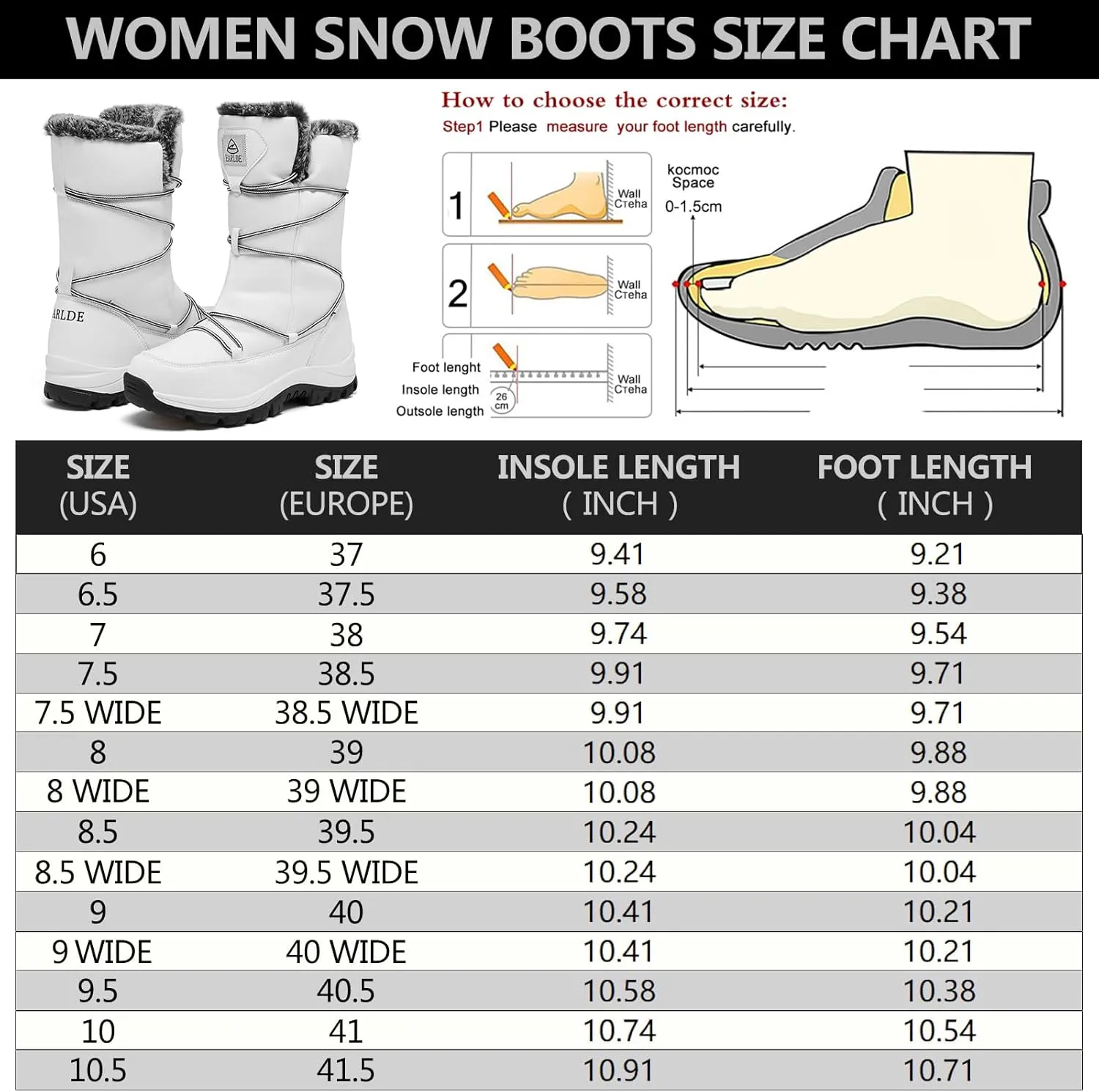 EARLDE Women’s Snow Boot With Waterproof Lace Up Mid-Calf Outdoor Winter Deep Tread Rubber Sole