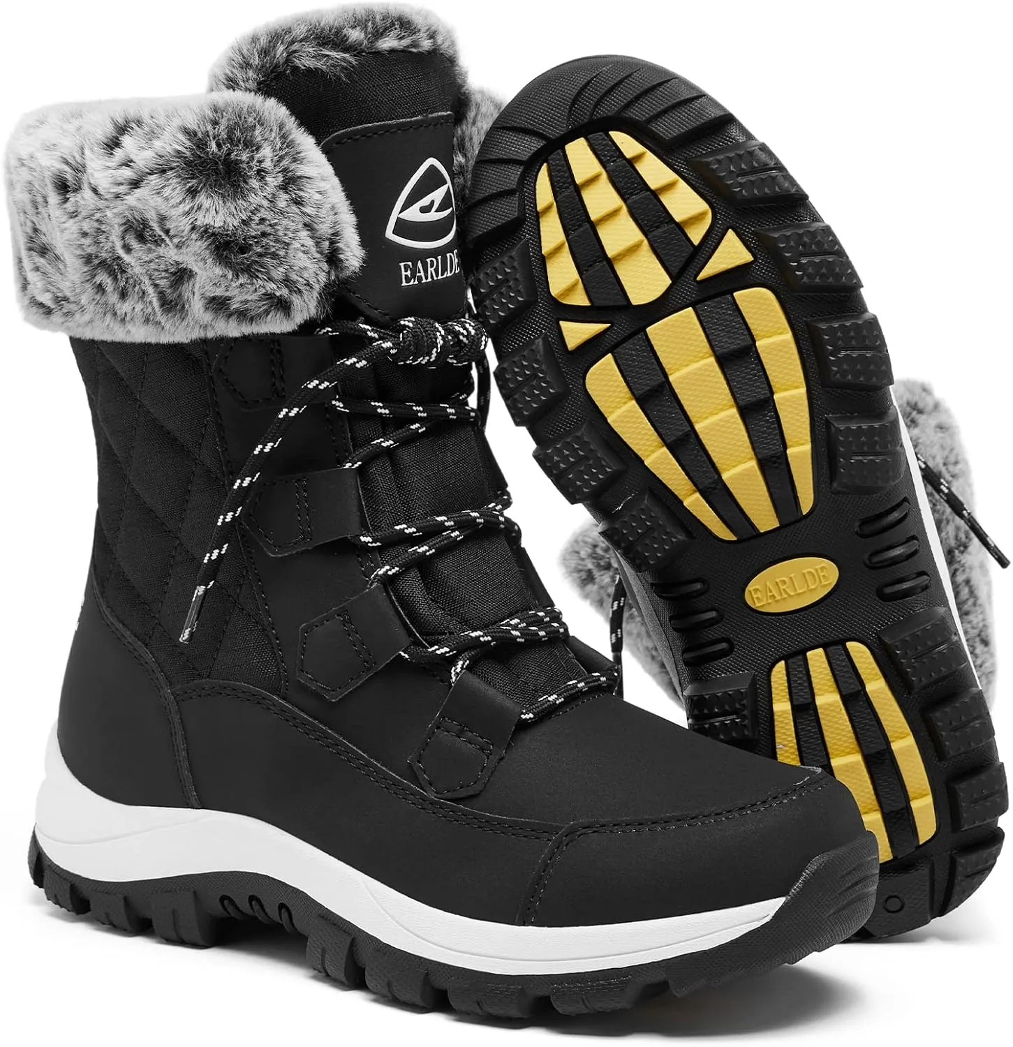 EARLDE Women’s Snow Boot With Waterproof Lace Up Mid-Calf Outdoor Winter Deep Tread Rubber Sole