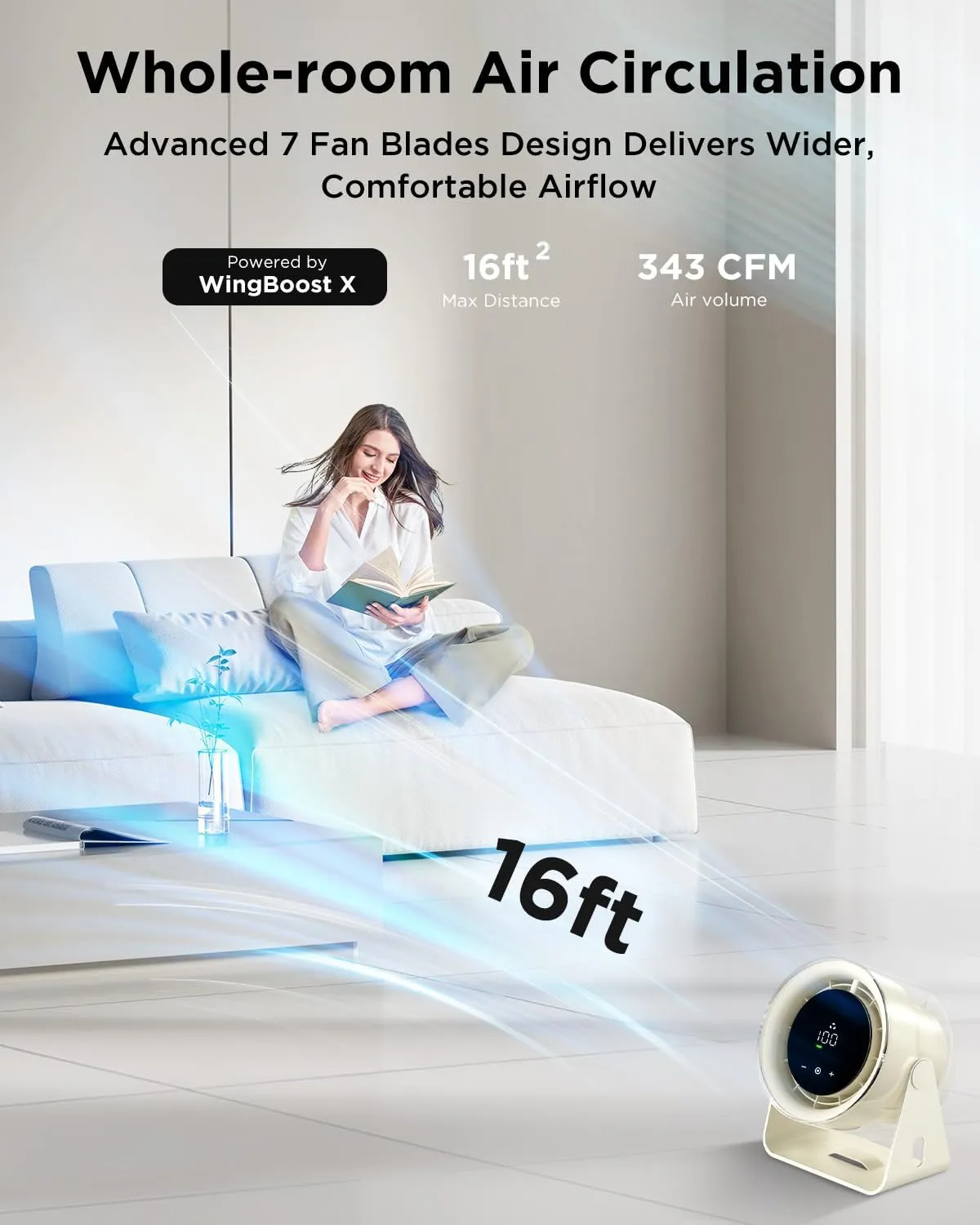 EasyAcc Desk Fan With Battery Powered, Quiet, 100 Speeds, Adjustable Head, Smart Digital Display, Table Travel Fan for Bedroom, Office Travel Camping Kitchen Home
