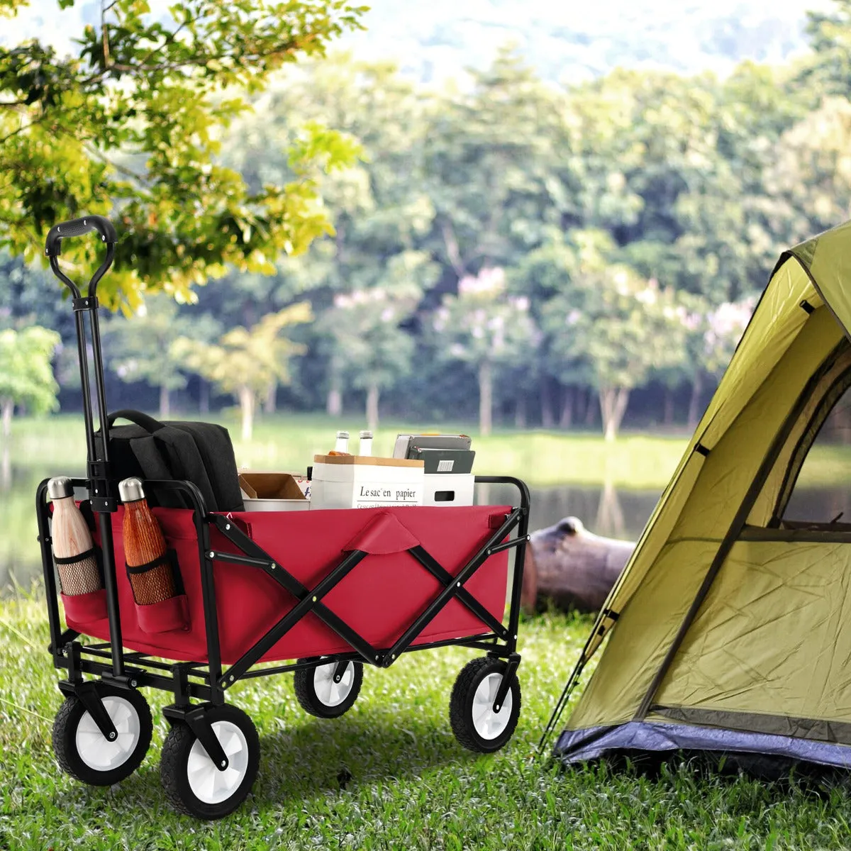 eavy Duty Camping Garden Cart with Adjustable Handle and Drink Holders