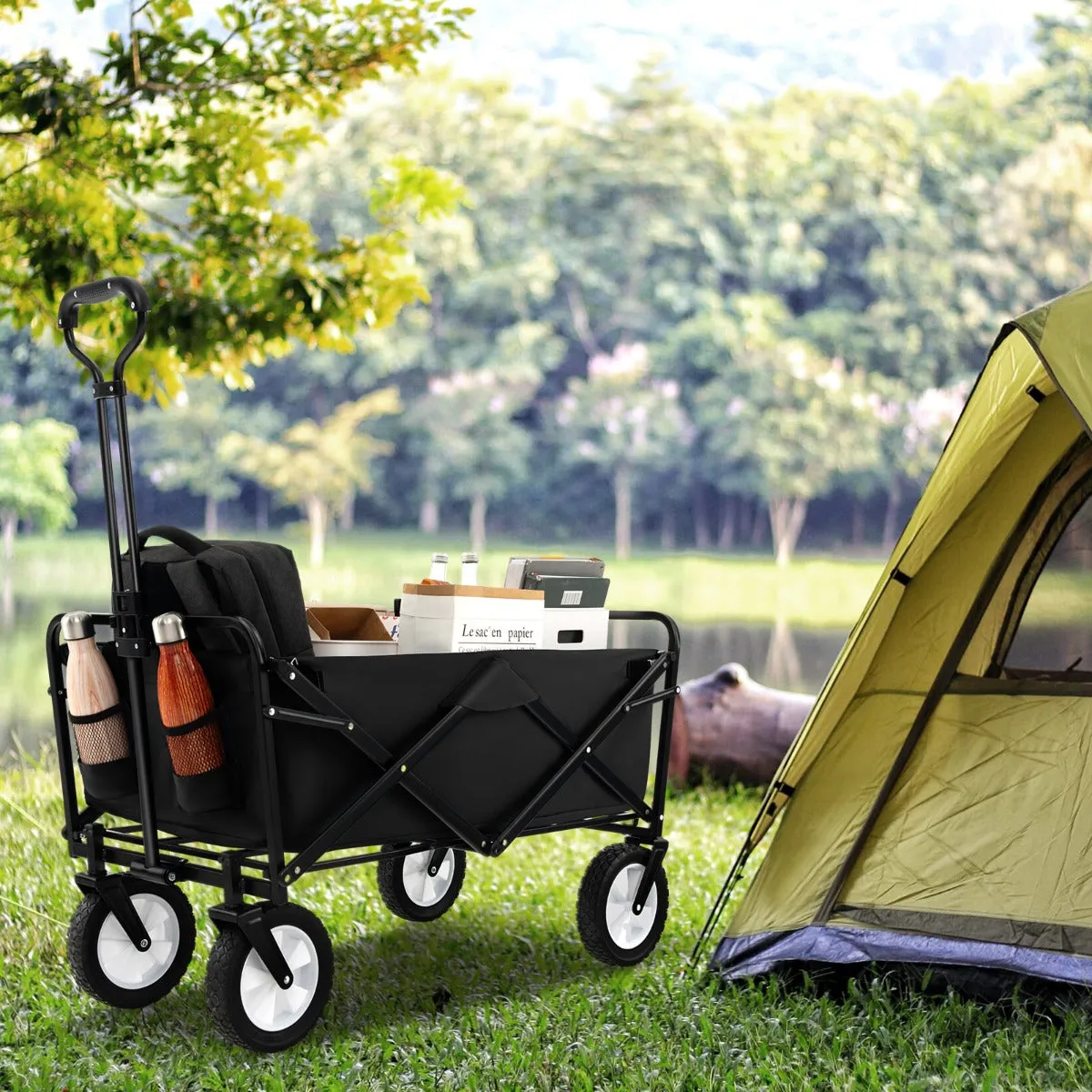 eavy Duty Camping Garden Cart with Adjustable Handle and Drink Holders