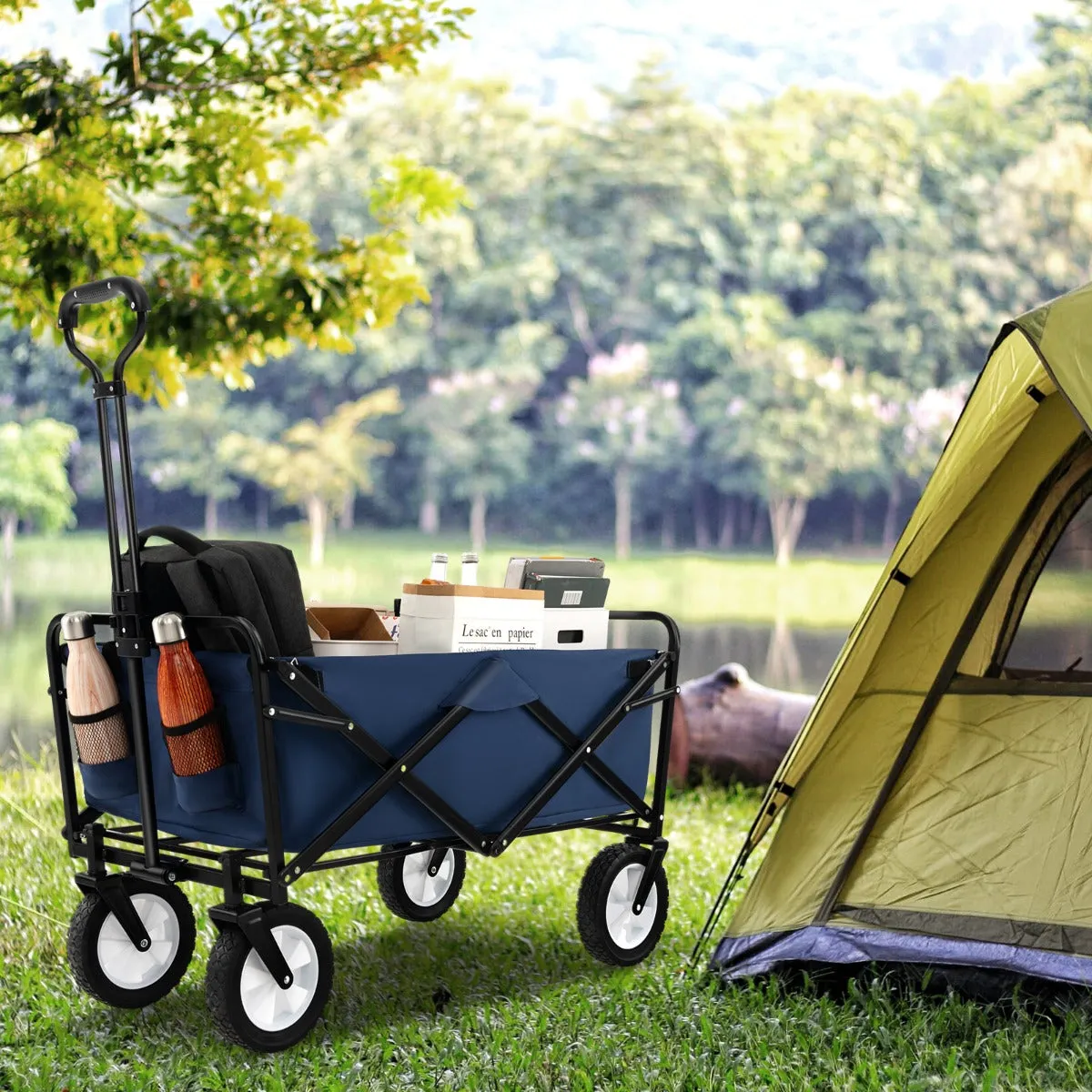eavy Duty Camping Garden Cart with Adjustable Handle and Drink Holders