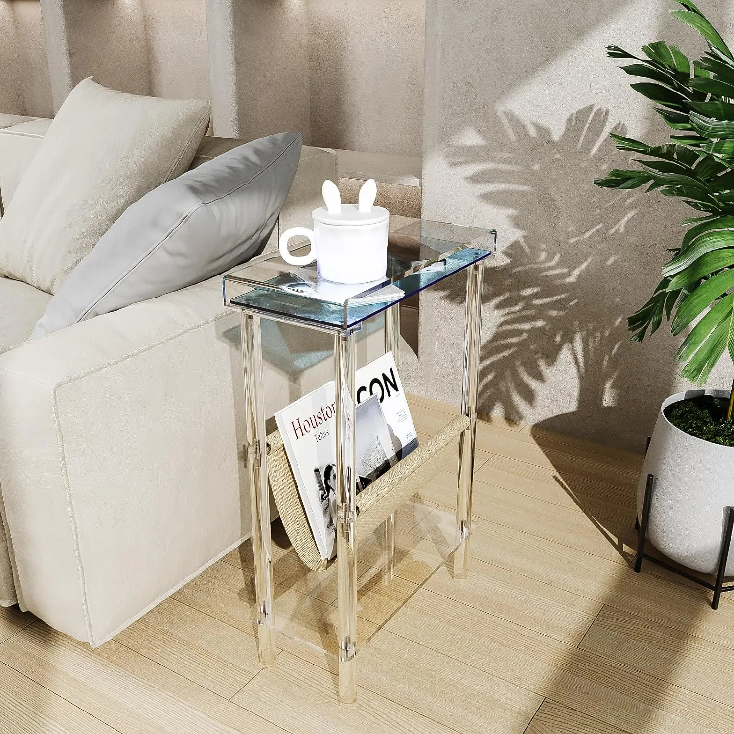 Eglaf Acrylic Narrow Side Table for Small Spaces - Slim End Table with Magazine Holder - Skinny Side Table Small Bedside Table Nightstand for Living Room Bedroom - 15.7” L x 7” W x 23.9” H