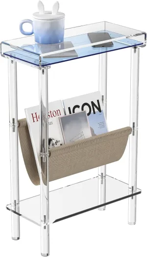 Eglaf Acrylic Narrow Side Table for Small Spaces - Slim End Table with Magazine Holder - Skinny Side Table Small Bedside Table Nightstand for Living Room Bedroom - 15.7” L x 7” W x 23.9” H
