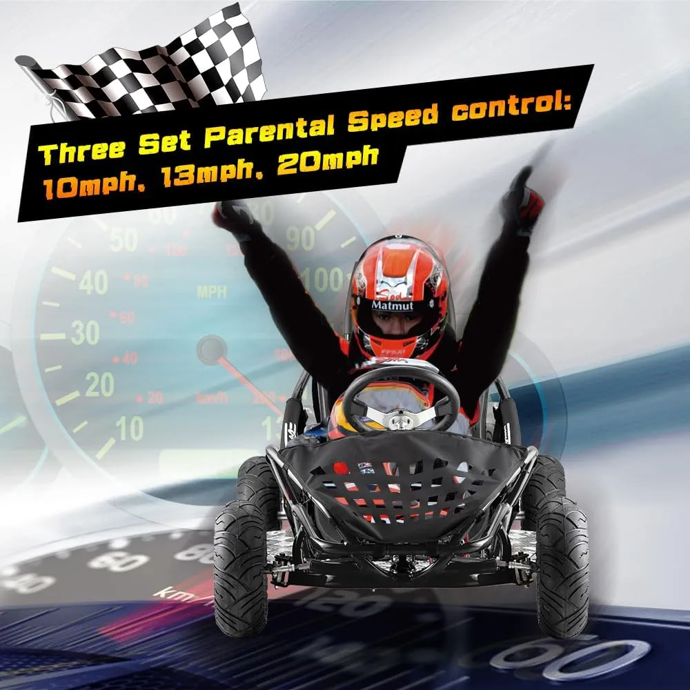 Electric Go Kart, 48V Powered Ride On Car, Steel Tubular Frame, Seat Belt, 13 inch All-Terrain Tires, Parental Speed Control, Max 20 Mph (Black)