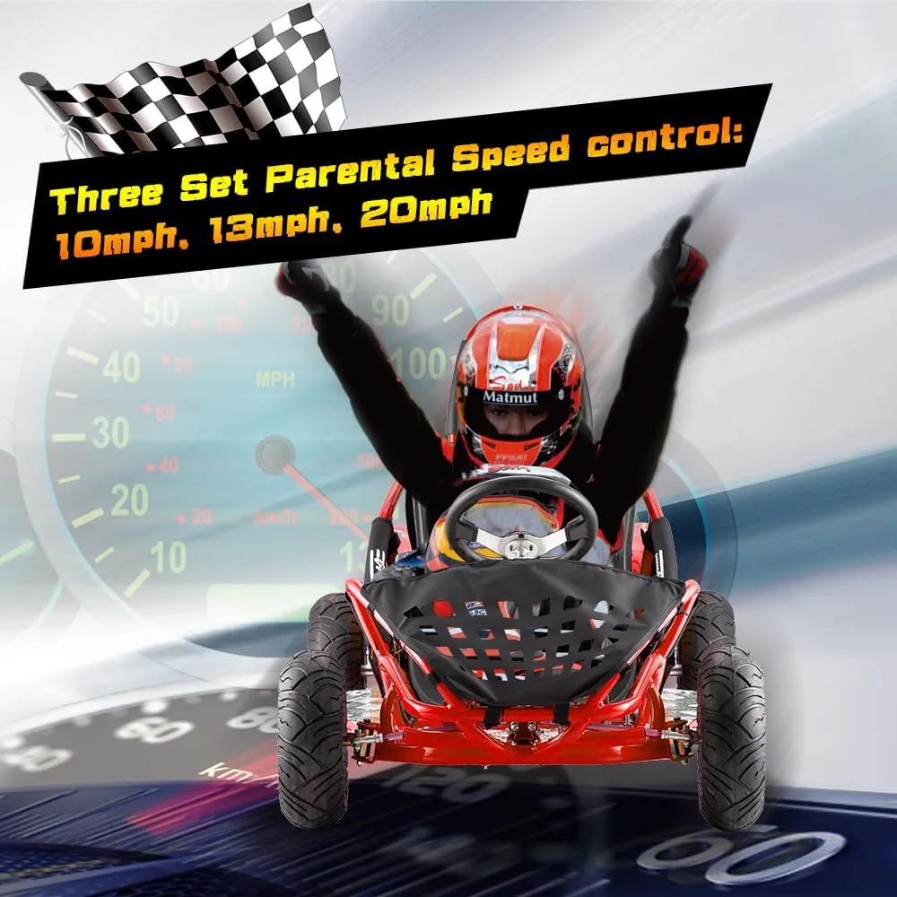 Electric Go Kart, 48V Powered Ride On Car, Steel Tubular Frame, Seat Belt, 13 inch All-Terrain Tires, Parental Speed Control, Max 20 Mph (RED)