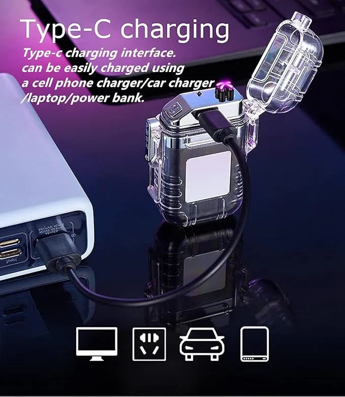 Electric Lighter Rechargeable Waterproof IP56 System Dual Arc Lighter with Flashlight LED Batterry Indicator Outdoor Windproof Lighter with Lanyard for Camping Survival Emergency