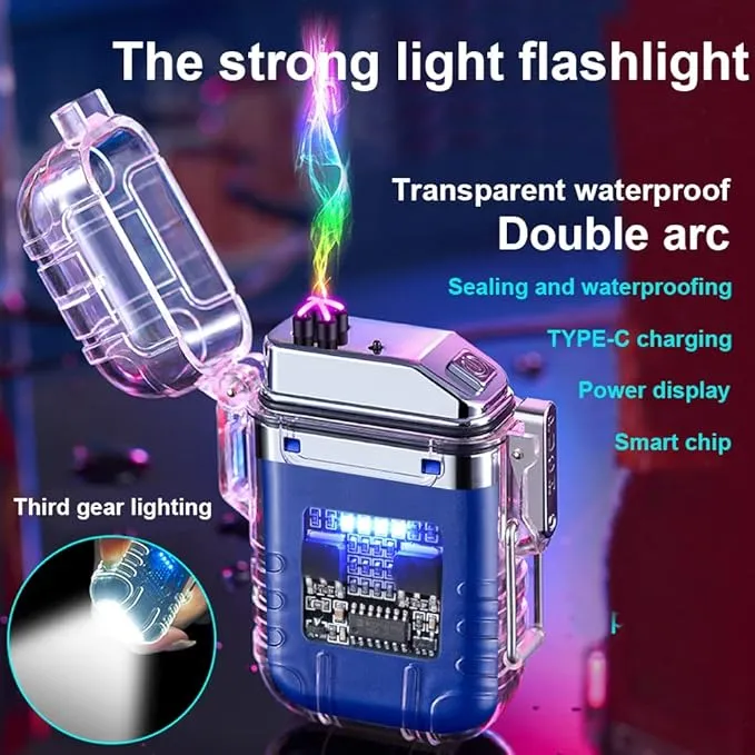 Electric Lighter Rechargeable Waterproof IP56 System Dual Arc Lighter with Flashlight LED Batterry Indicator Outdoor Windproof Lighter with Lanyard for Camping Survival Emergency