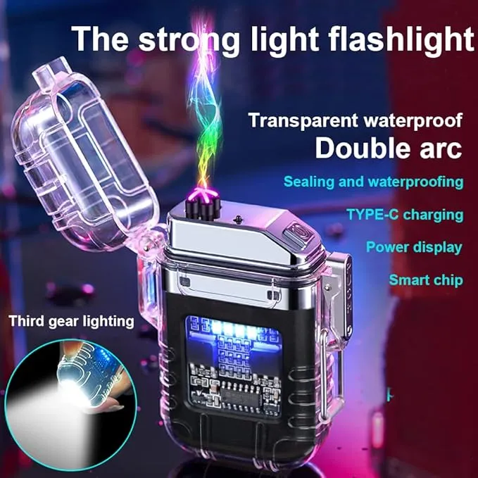 Electric Lighter Rechargeable Waterproof IP56 System Dual Arc Lighter with Flashlight LED Batterry Indicator Outdoor Windproof Lighter with Lanyard for Camping Survival Emergency