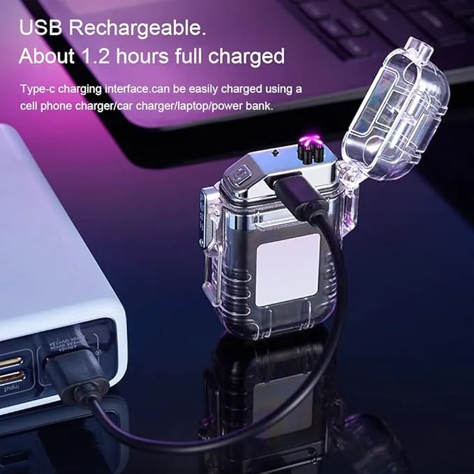 Electric Lighter Rechargeable Waterproof IP56 System Dual Arc Lighter with Flashlight LED Batterry Indicator Outdoor Windproof Lighter with Lanyard for Camping Survival Emergency