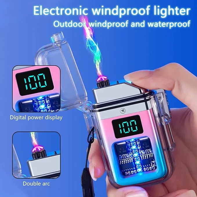 Electric Lighter Transparent Waterproof Dual Arc Plasma Lighter with LED Battery Indication Type-C Rechargeable Outdoor Lighter Windproof Lighter for Boyfriends and Friends (Blue and Pink)