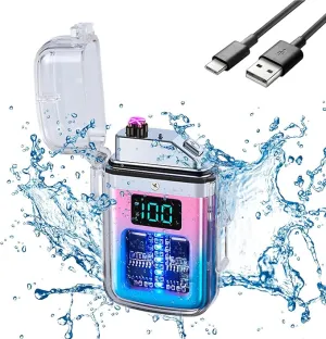 Electric Lighter Transparent Waterproof Dual Arc Plasma Lighter with LED Battery Indication Type-C Rechargeable Outdoor Lighter Windproof Lighter for Boyfriends and Friends (Blue and Pink)