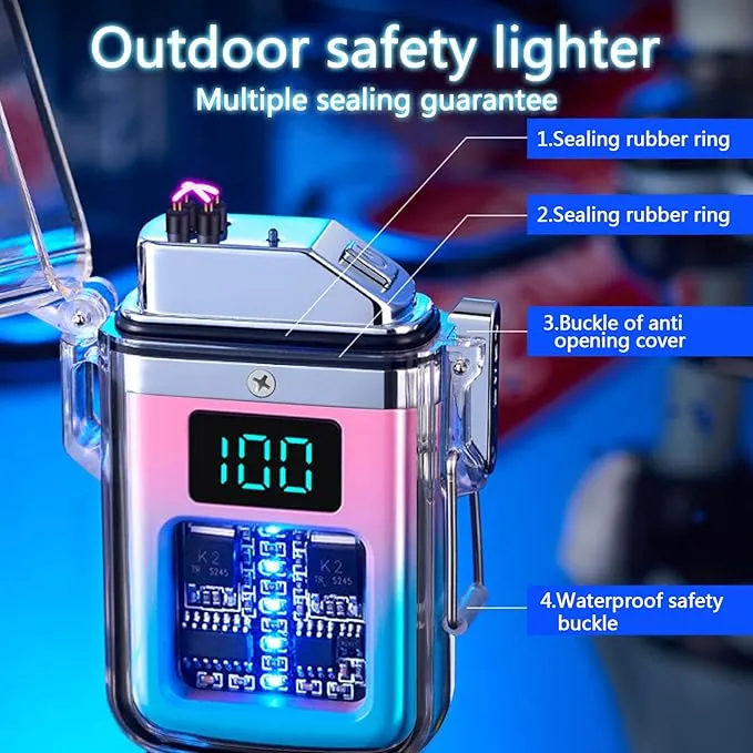 Electric Lighter Transparent Waterproof Dual Arc Plasma Lighter with LED Battery Indication Type-C Rechargeable Outdoor Lighter Windproof Lighter for Boyfriends and Friends (Blue and Pink)