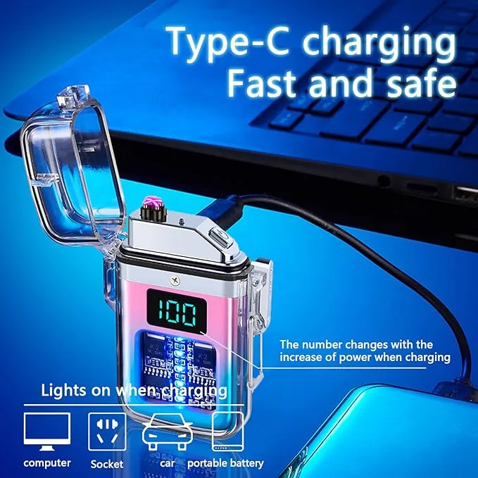 Electric Lighter Transparent Waterproof Dual Arc Plasma Lighter with LED Battery Indication Type-C Rechargeable Outdoor Lighter Windproof Lighter for Boyfriends and Friends (Blue and Pink)
