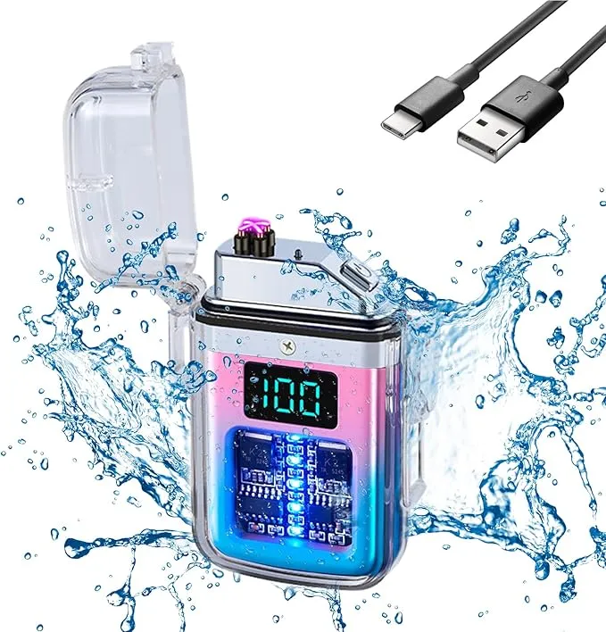 Electric Lighter Transparent Waterproof Dual Arc Plasma Lighter with LED Battery Indication Type-C Rechargeable Outdoor Lighter Windproof Lighter for Boyfriends and Friends (Blue and Pink)