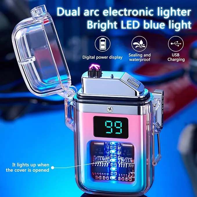 Electric Lighter Transparent Waterproof Dual Arc Plasma Lighter with LED Battery Indication Type-C Rechargeable Outdoor Lighter Windproof Lighter for Boyfriends and Friends (Blue and Pink)