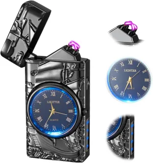 Electric Lighter USB Rechargeable Lighter Cool Lighter with led Display and Clock dial （Black）