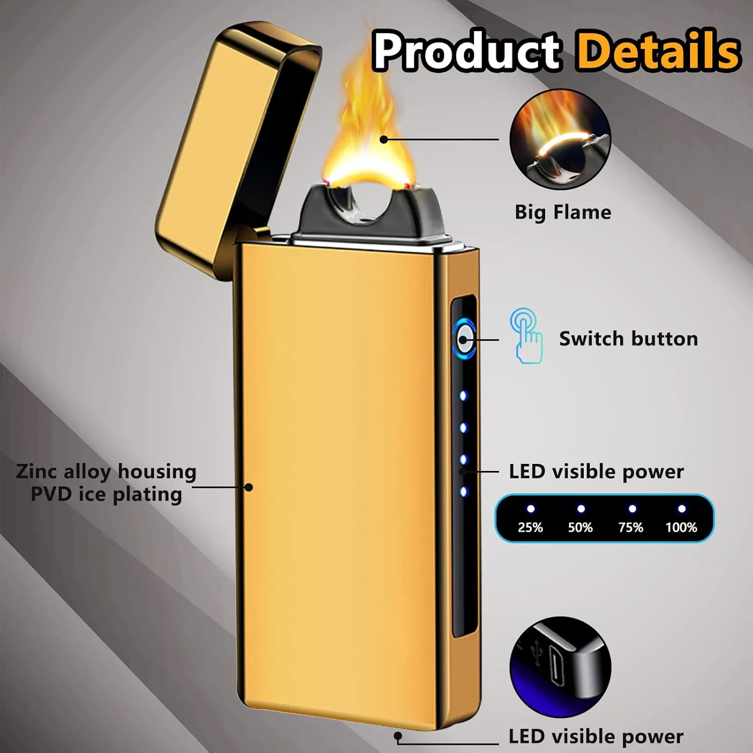 Electric Lighter Windproof, Flame Electric Lighter Plasma-Flame Arc Lighter Rechargeable USB Lighter Flame Lighter with Battery Indicator (Gold)