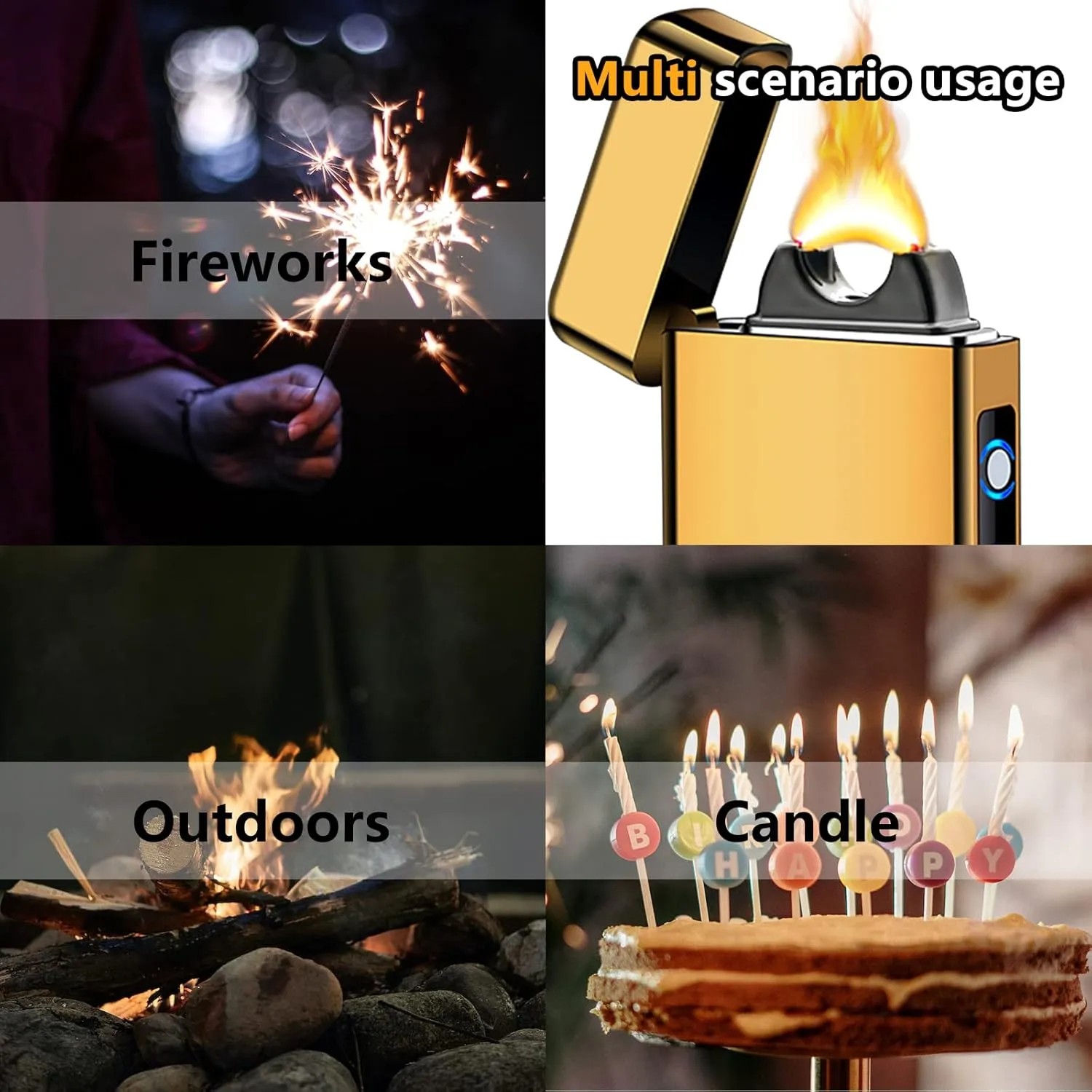 Electric Lighter Windproof, Flame Electric Lighter Plasma-Flame Arc Lighter Rechargeable USB Lighter Flame Lighter with Battery Indicator (Gold)