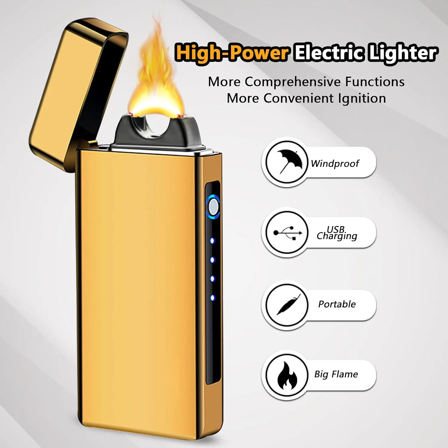 Electric Lighter Windproof, Flame Electric Lighter Plasma-Flame Arc Lighter Rechargeable USB Lighter Flame Lighter with Battery Indicator (Gold)