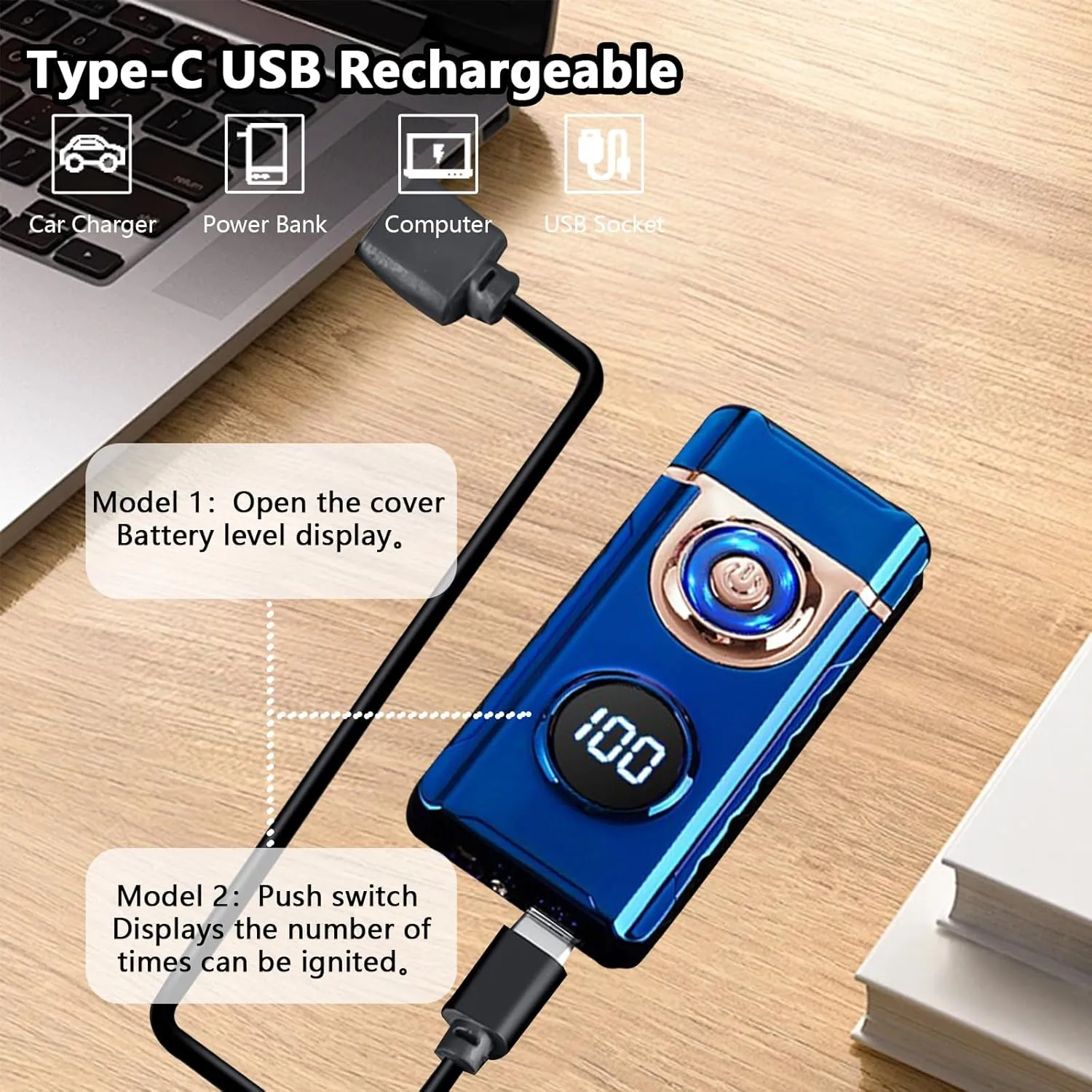 Electric Lighters Rechargeable,Dual Arc Lighter with USB Type-C Fast Charging,Windproof Flameless Lighter with LED Display and LED Emergency Lights for Scented Candle,Camping (Blue-Pink)