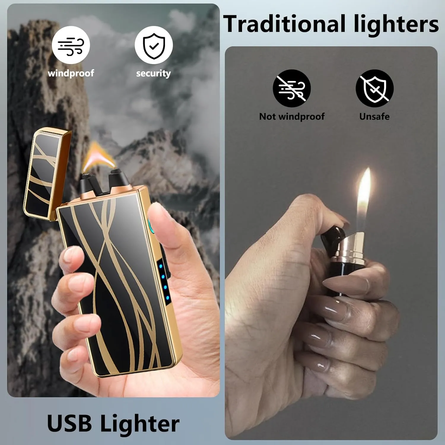 Electric Lighters Windproof & Flameless with USB Rechargeable Plasma Arc Lighter with Safety Switch Lighters for Camping, Hiking, Outdoor Activities(Streamline)