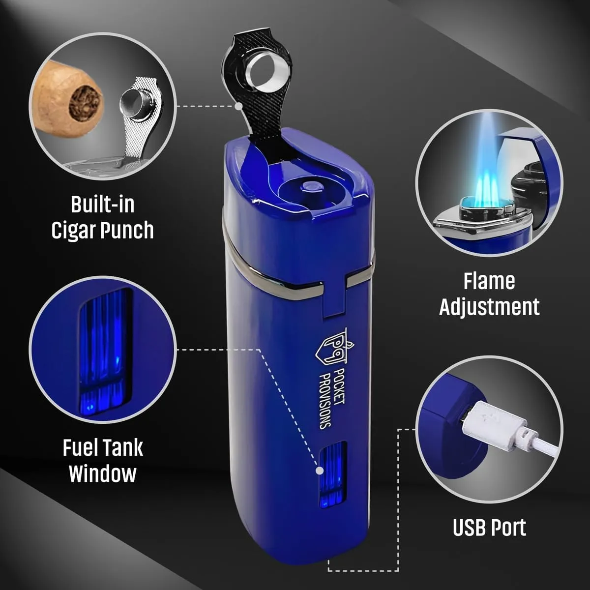 Electric Torch Lighter - Windproof Triple Jet Flame Lighter - Refillable Butane, adjustable, Micro USB Charging - Best Lighter for Enthusiasts