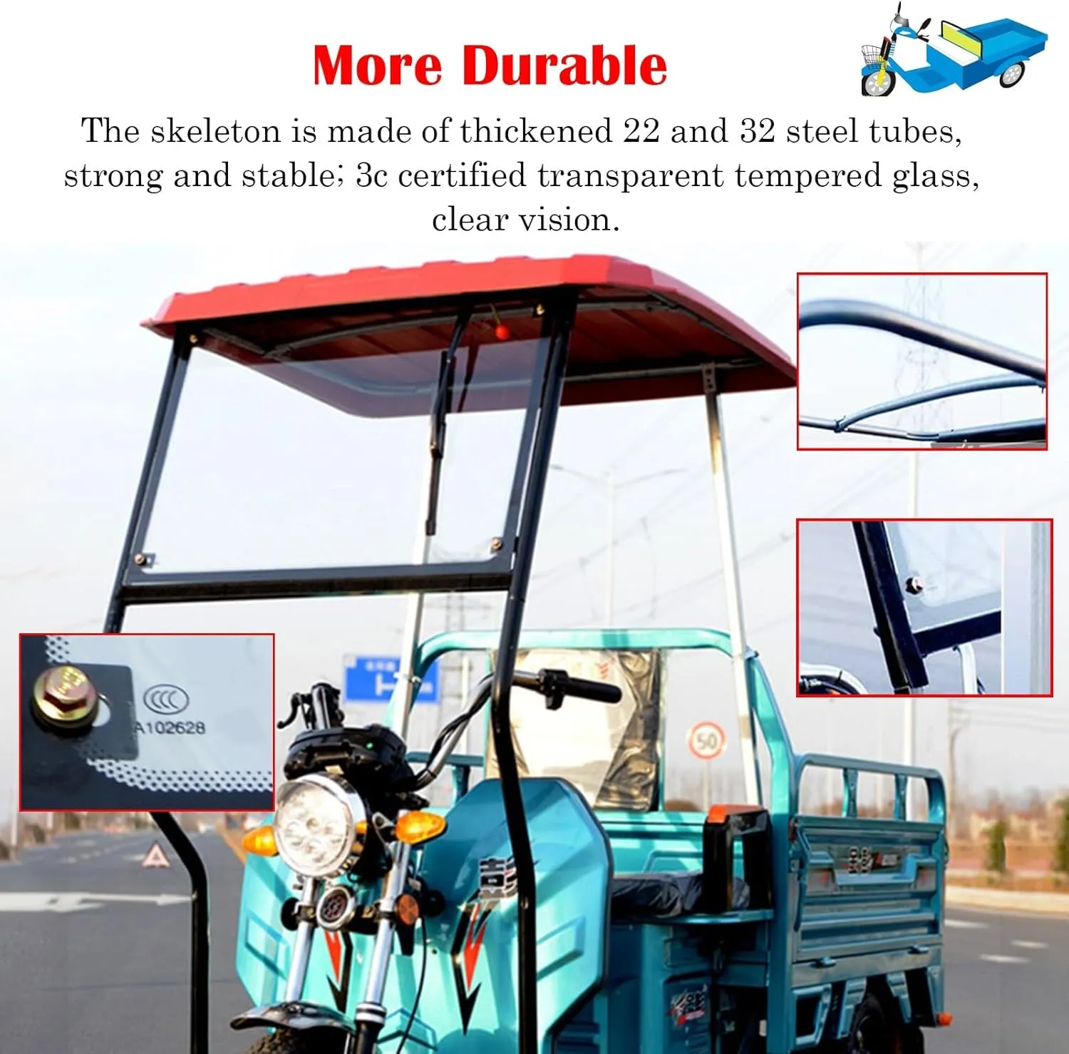 Electric Tricycle Protective Cover for Rain Sun Snow Proof, Sanbengzi Cover with Wipers & Reflective Strips, Easy to Install Tricycle Frame Canopy(Red,31.5inch/80cm Wide)