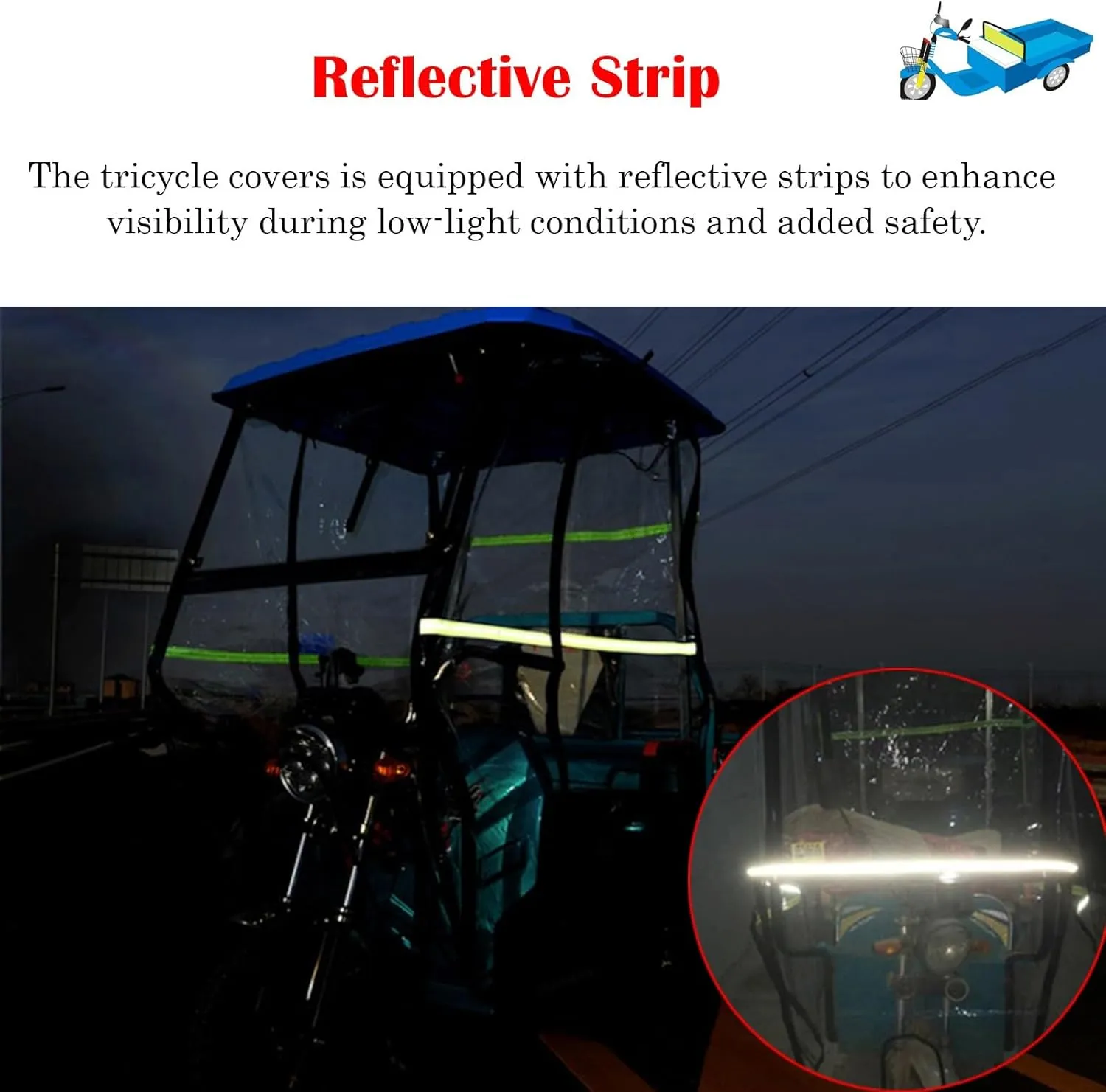 Electric Tricycle Protective Cover for Rain Sun Snow Proof, Sanbengzi Cover with Wipers & Reflective Strips, Easy to Install Tricycle Frame Canopy(Red,31.5inch/80cm Wide)