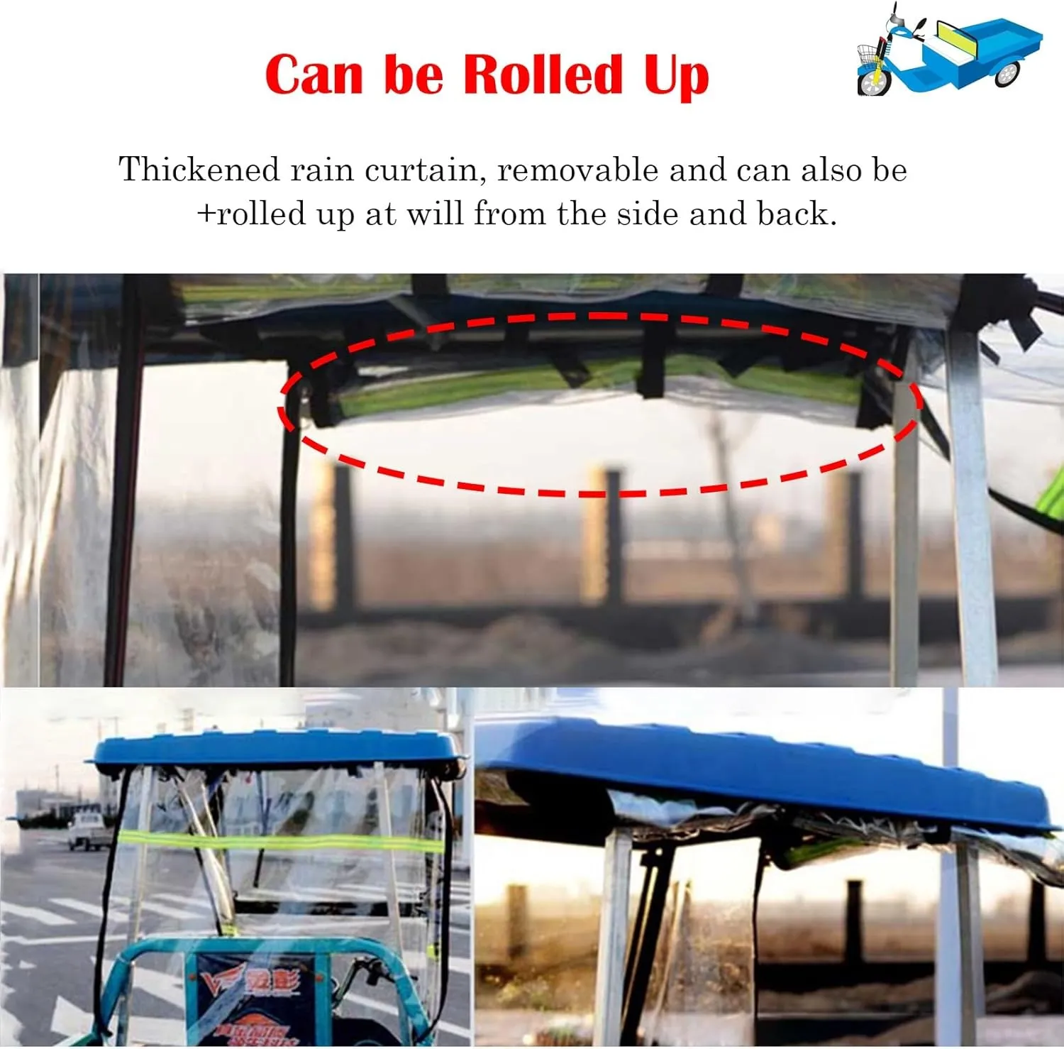 Electric Tricycle Protective Cover for Rain Sun Snow Proof, Sanbengzi Cover with Wipers & Reflective Strips, Easy to Install Tricycle Frame Canopy(Red,31.5inch/80cm Wide)