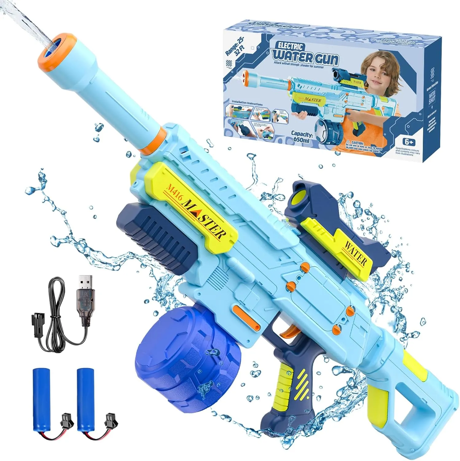 Electric Water Gun for Adults Kids, Automatic Electric Water Gun - 650CC/32 FT, Powerful Water Gun Battery Powered, Pool Beach Outdoor Party Toys Kids Ages 6 7 8 9 10 , with 2 Rechargeable Batteries