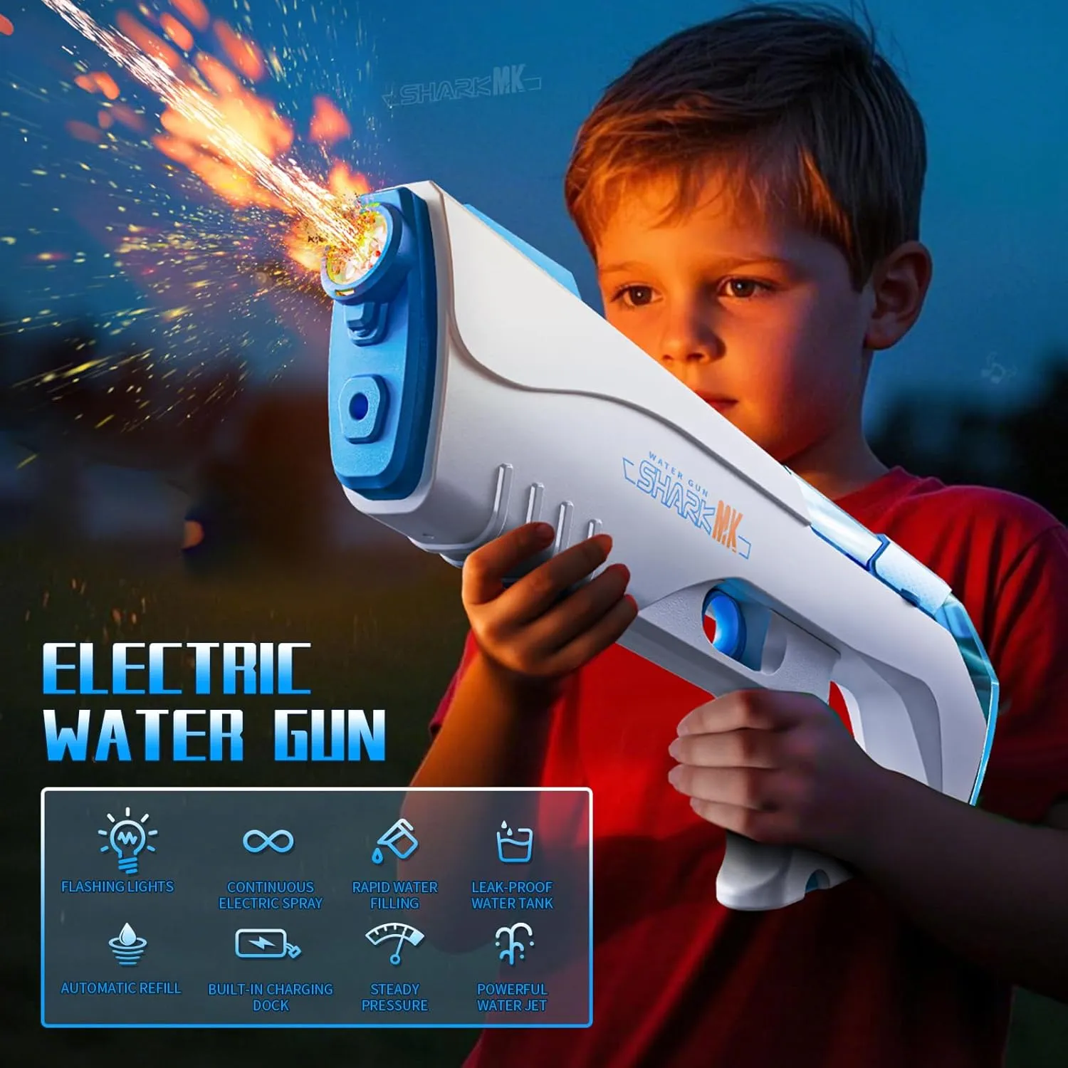 Electric Water Guns for Kids & Adults, Automatic Water Blaster Squirt Gun with Water Absorption LED Light 32ft Range Large Capacity, Outdoor Toys for Summer Game at Pool Beach Park Backyard (Blue)
