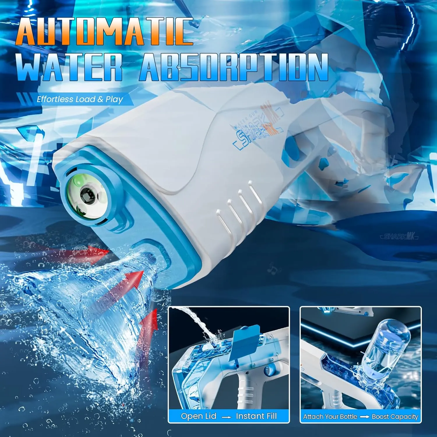 Electric Water Guns for Kids & Adults, Automatic Water Blaster Squirt Gun with Water Absorption LED Light 32ft Range Large Capacity, Outdoor Toys for Summer Game at Pool Beach Park Backyard (Blue)