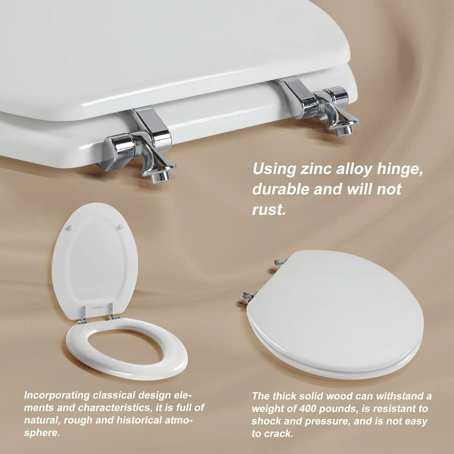 Elongated White Toilet Seat Natural Wood Toilet Seat with Zinc Alloy Hinges, Easy to Install also Easy to Clean, Scratch Resistant Toilet Seat by Angol Shiold (Elongated, White)