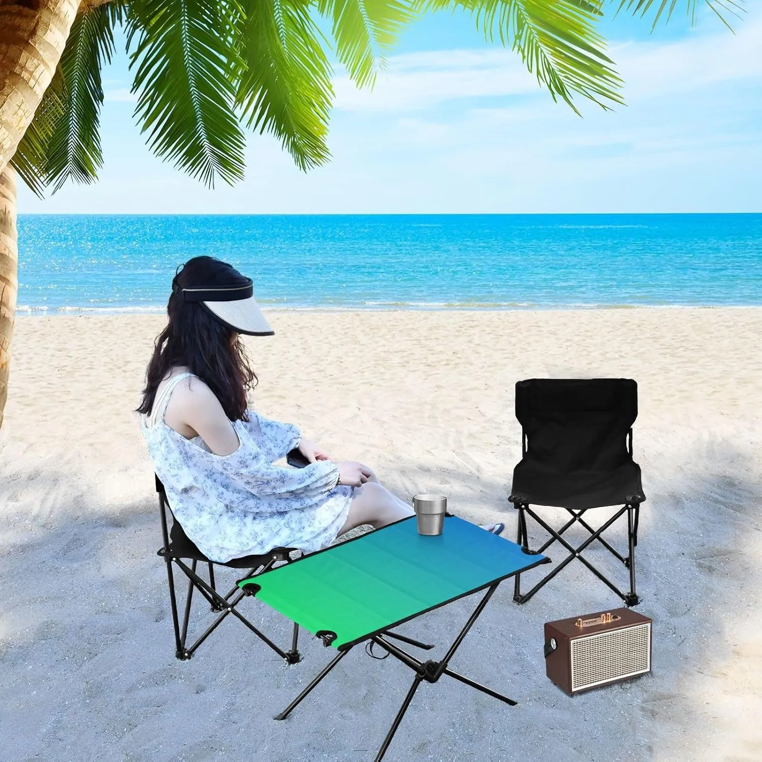 Emelivor Blue Green Gradient Folding Camping Table Portable Beach Table with Carry Bag Small Camping Side Table for Outdoor Camping Hiking Picnic Travel