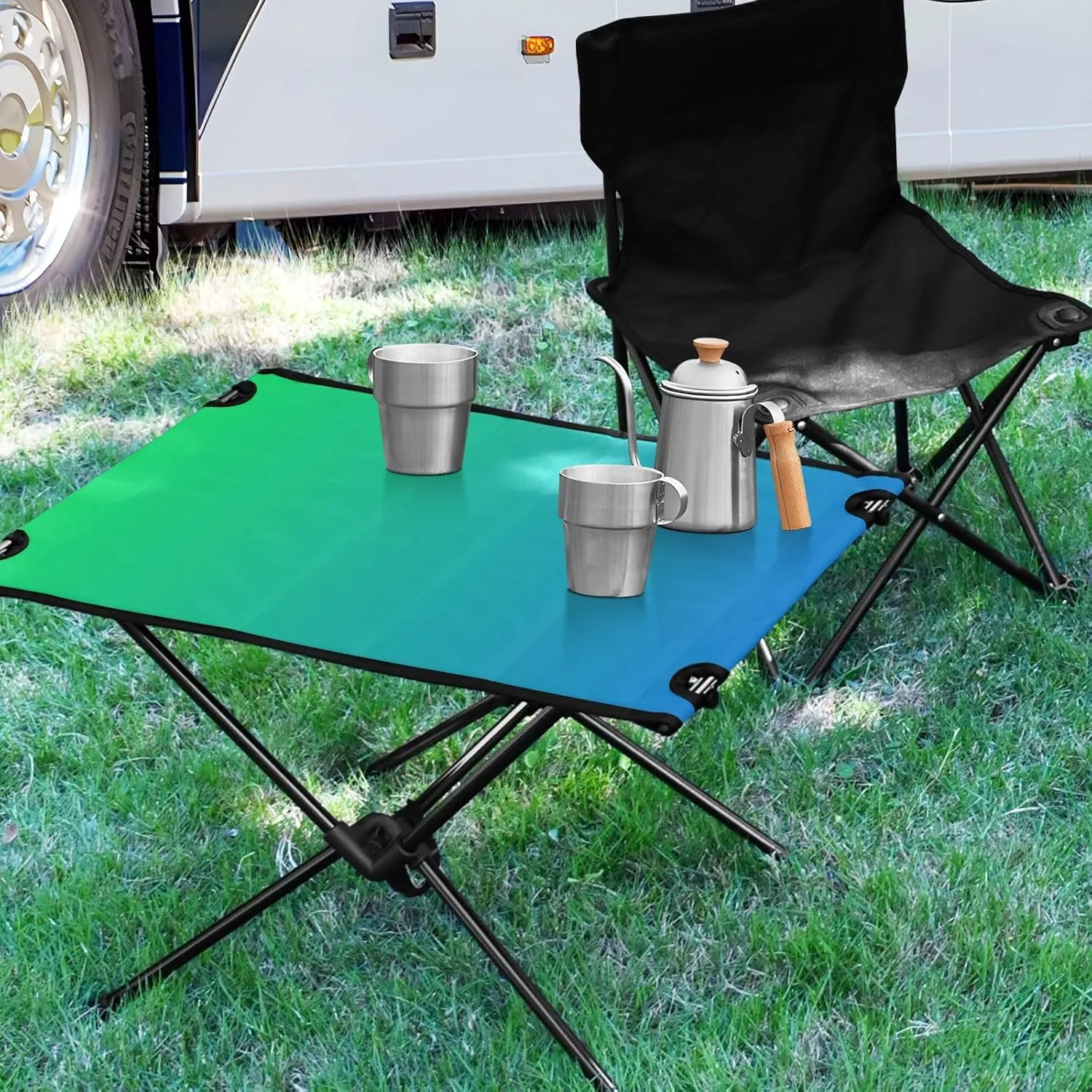 Emelivor Blue Green Gradient Folding Camping Table Portable Beach Table with Carry Bag Small Camping Side Table for Outdoor Camping Hiking Picnic Travel