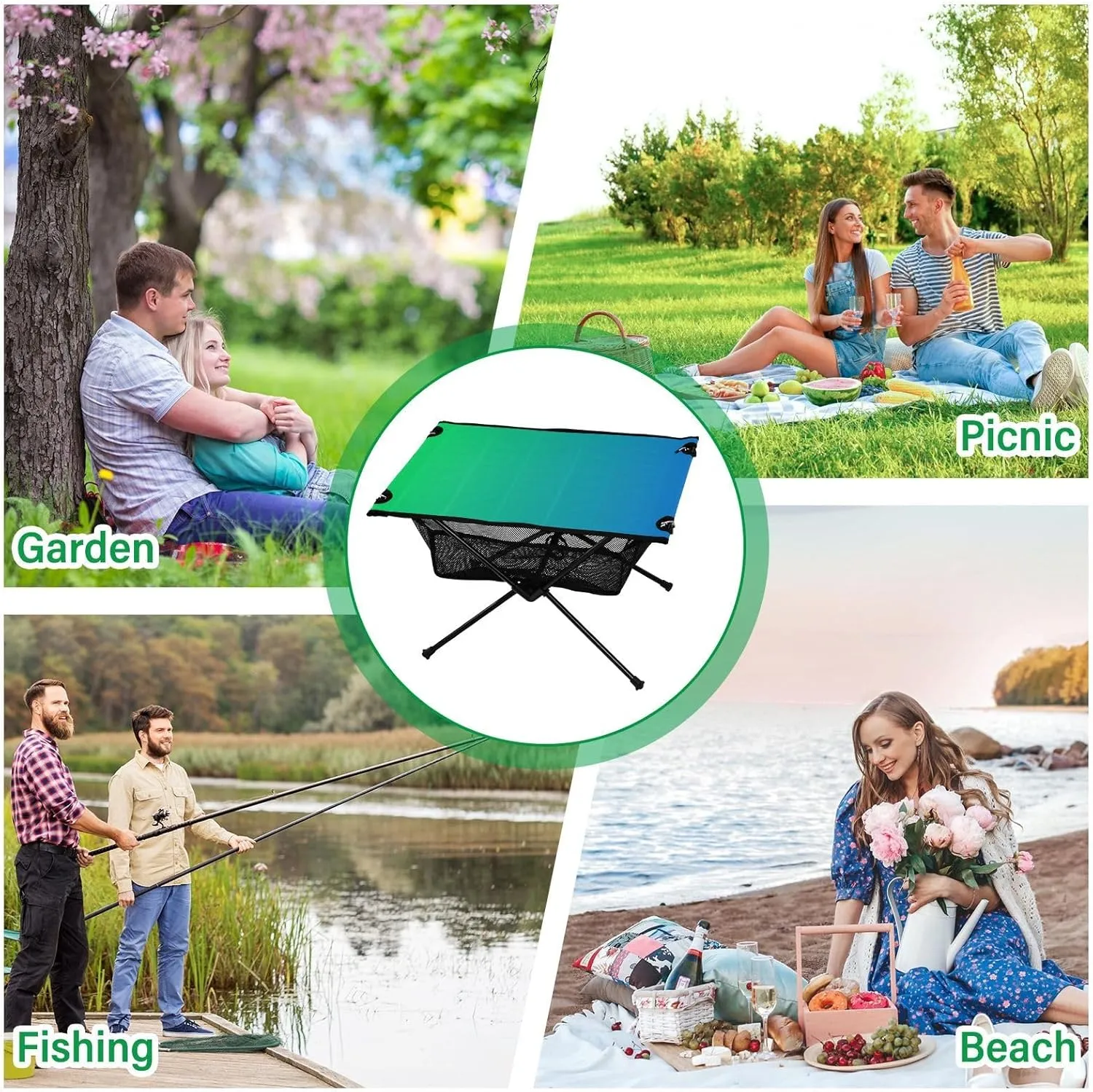 Emelivor Blue Green Gradient Folding Camping Table Portable Beach Table with Carry Bag Small Camping Side Table for Outdoor Camping Hiking Picnic Travel