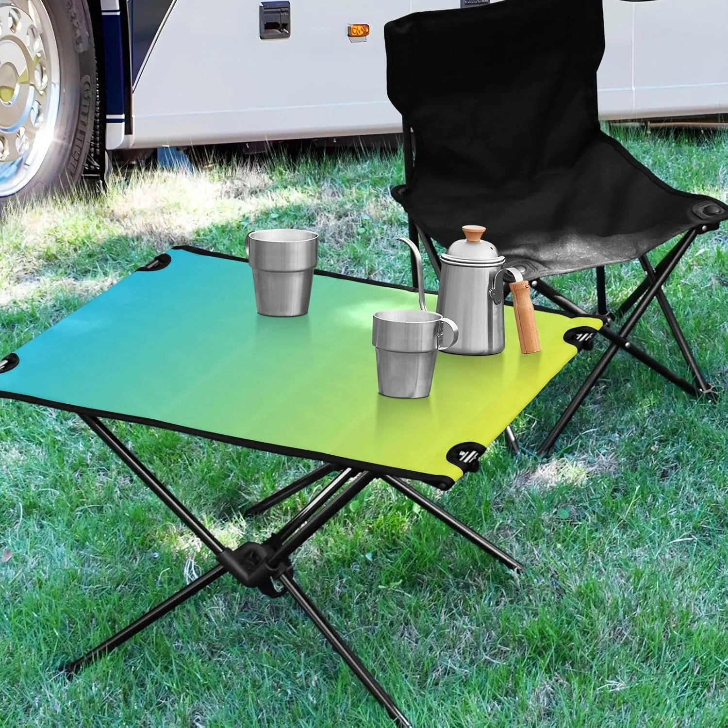 Emelivor Blue Yellow Gradient Folding Camping Table Portable Beach Table with Carry Bag Small Foldable Table for Outdoor Hiking Picnic Travel Beach