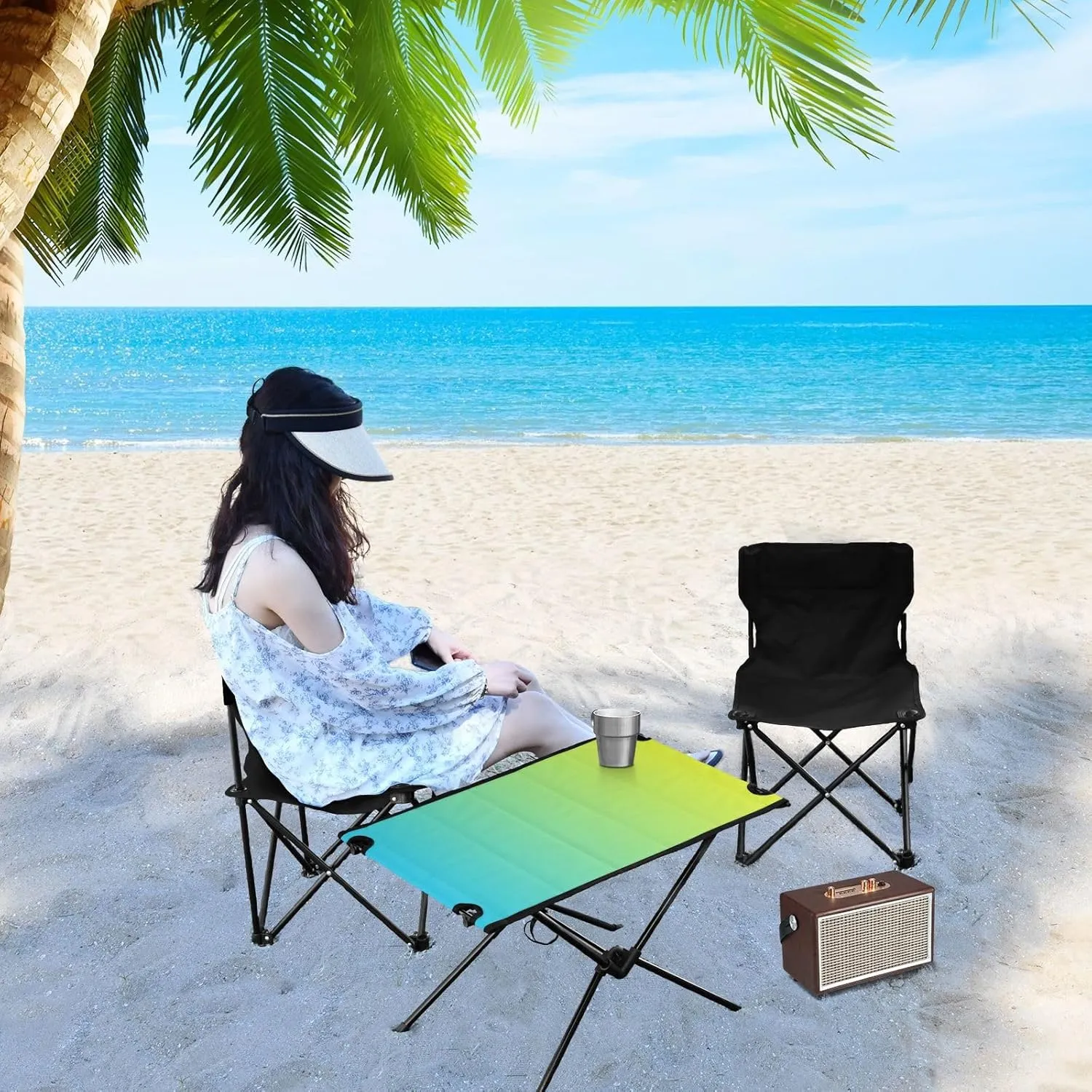 Emelivor Blue Yellow Gradient Folding Camping Table Portable Beach Table with Carry Bag Small Foldable Table for Outdoor Hiking Picnic Travel Beach
