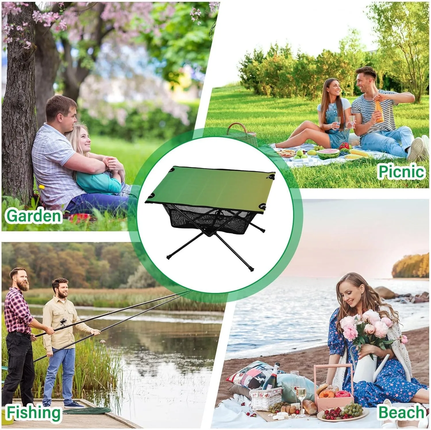 Emelivor Green Gradient Folding Camping Table Portable Beach Table with Carry Bag Small Foldable Table for Camping BBQ Hiking Outdoor Travel