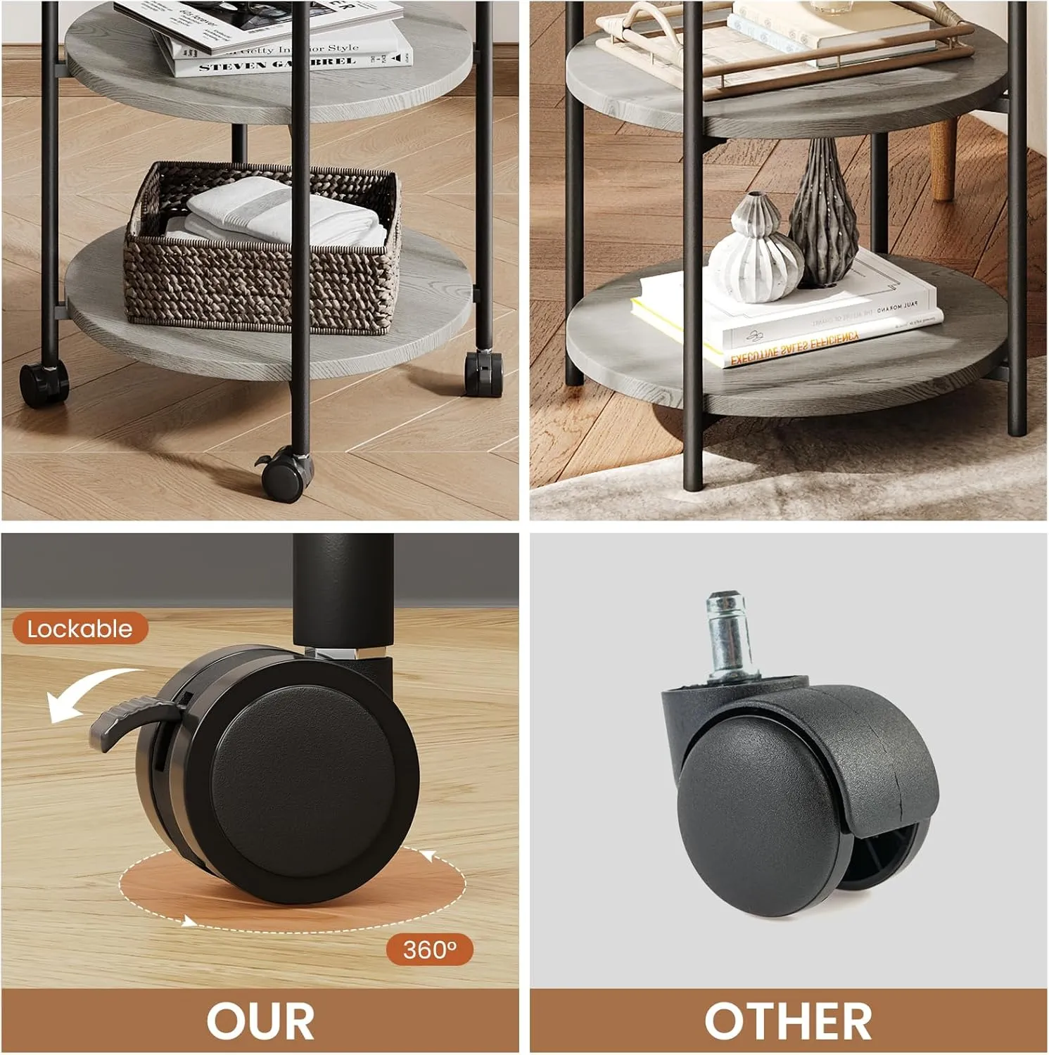 End Tables Living Room, 3-Tier Modern End Table with Wheels, Small Side Table Nightstand Bedside Table for Living Room, Bedroom, or Small Spaces-Gray