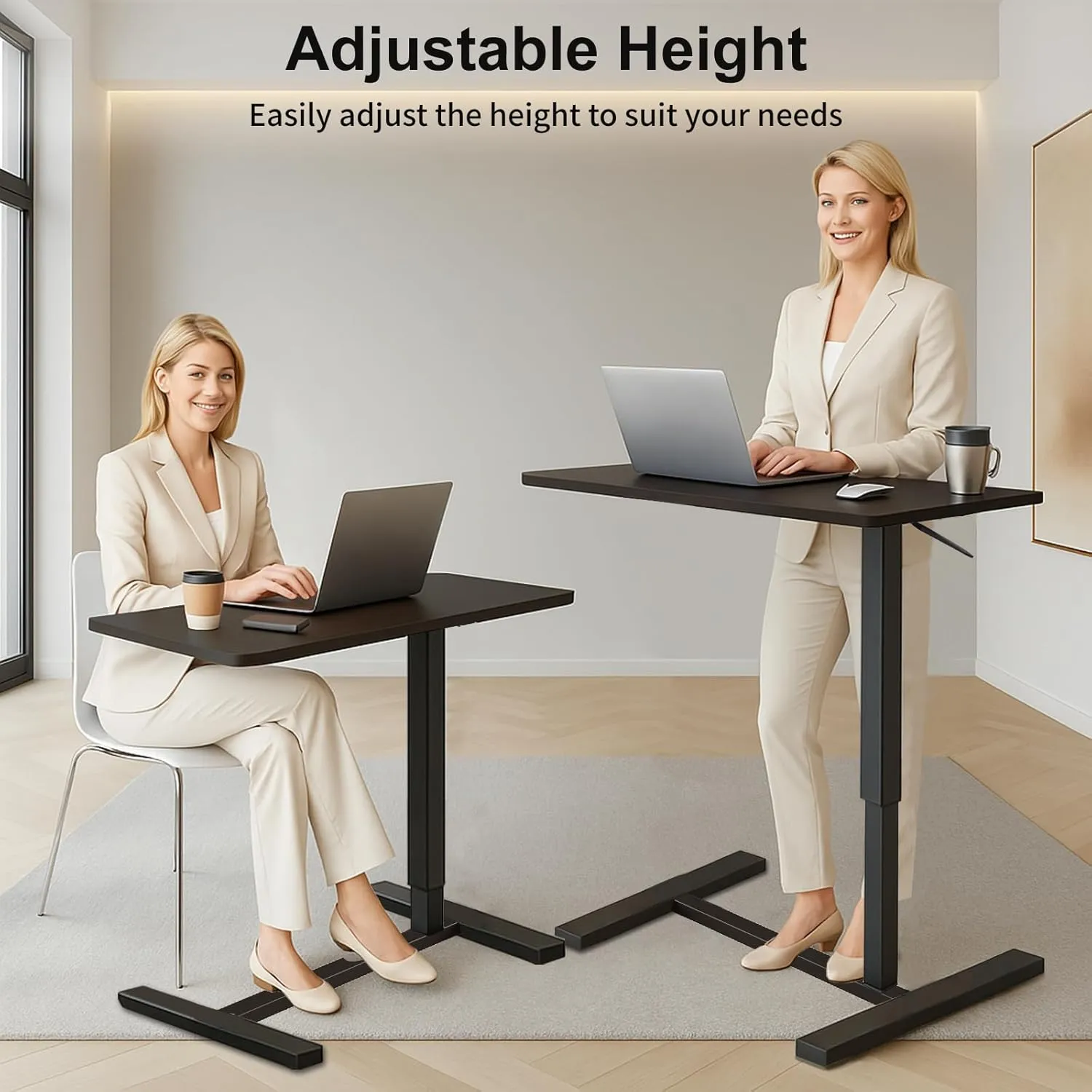 Erinaik Overbed Table with Adjustable Height & Swivel Wheels, Pneumatic Mobile Laptop Desk for Hospital Bed, Home Office, Study - Hidden Wheels, Stable Bedside Table